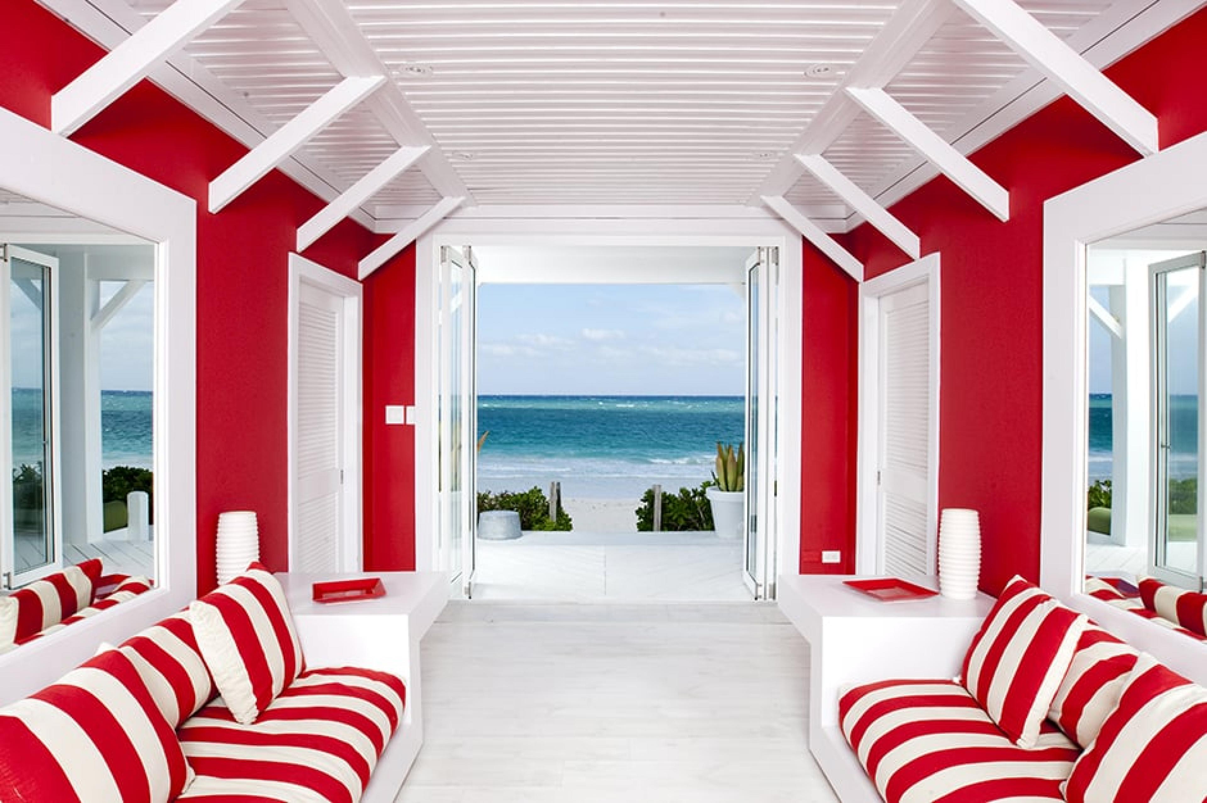 Red and white lounge at Coral Sands Resort, Harbour Island, Bahamas