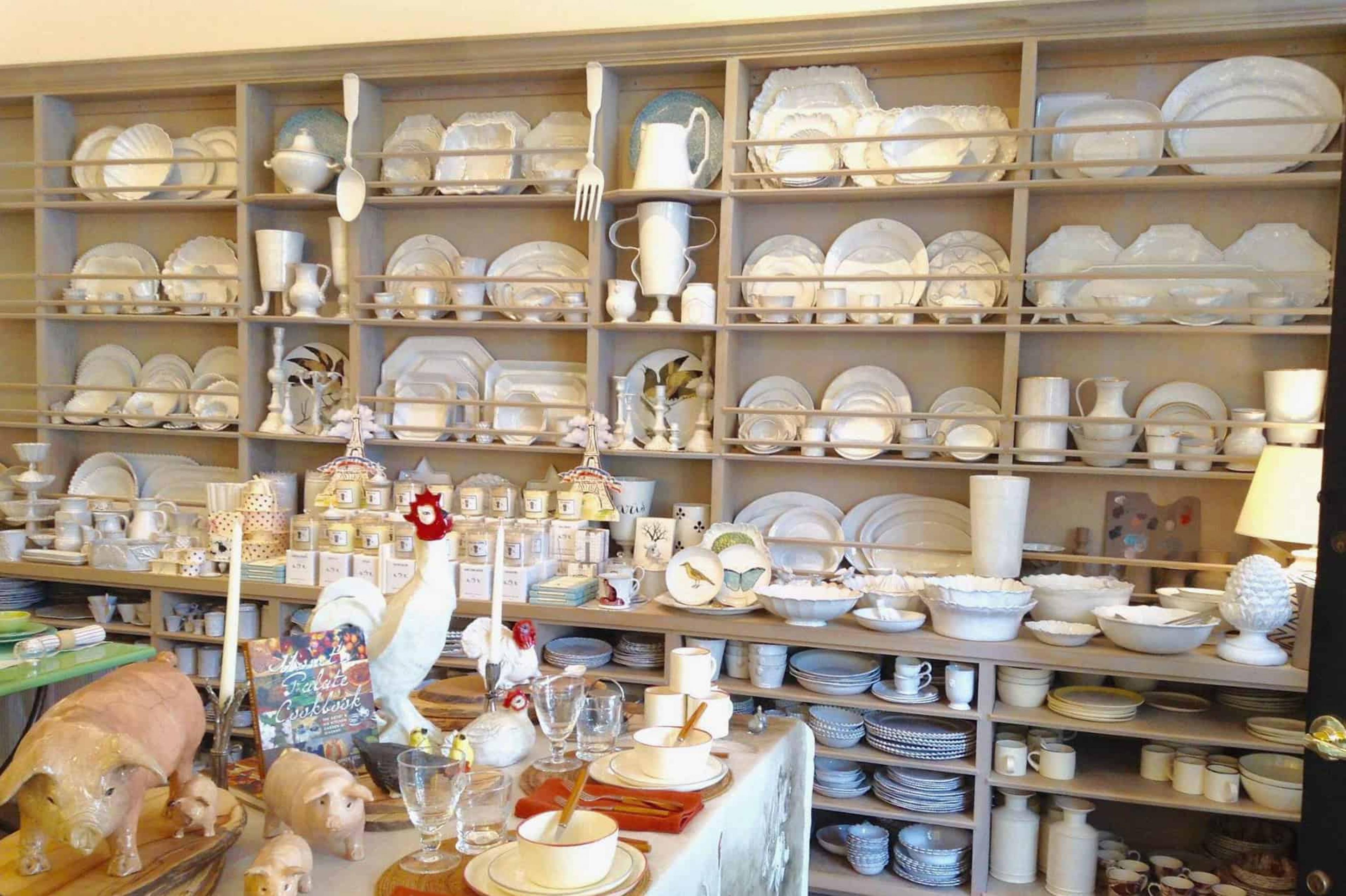 Shelves of white dishes at Sue Fisher King, San Francisco, California