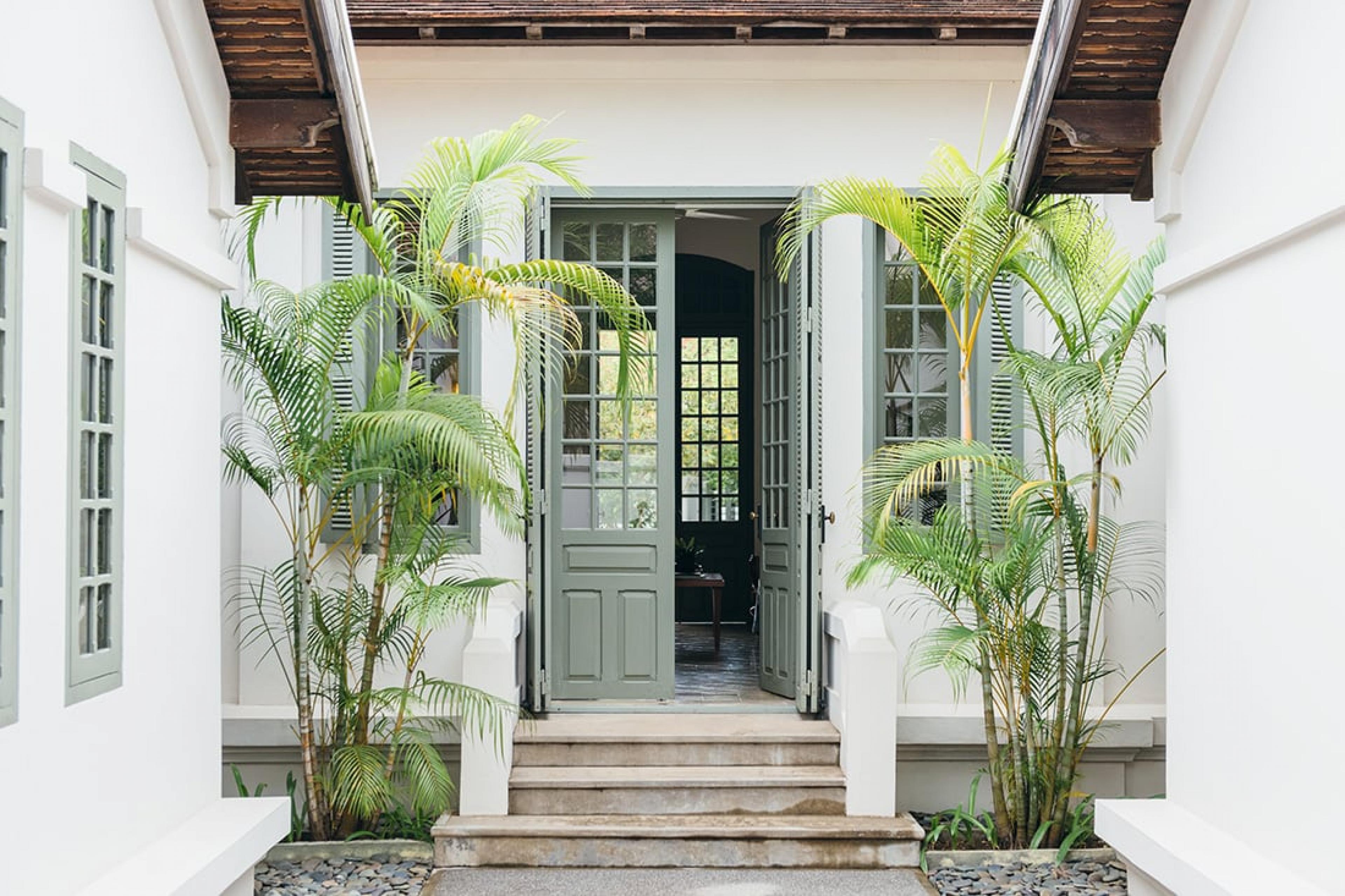 gray-teal french doors in a white villa exterior flanked by two potted palms