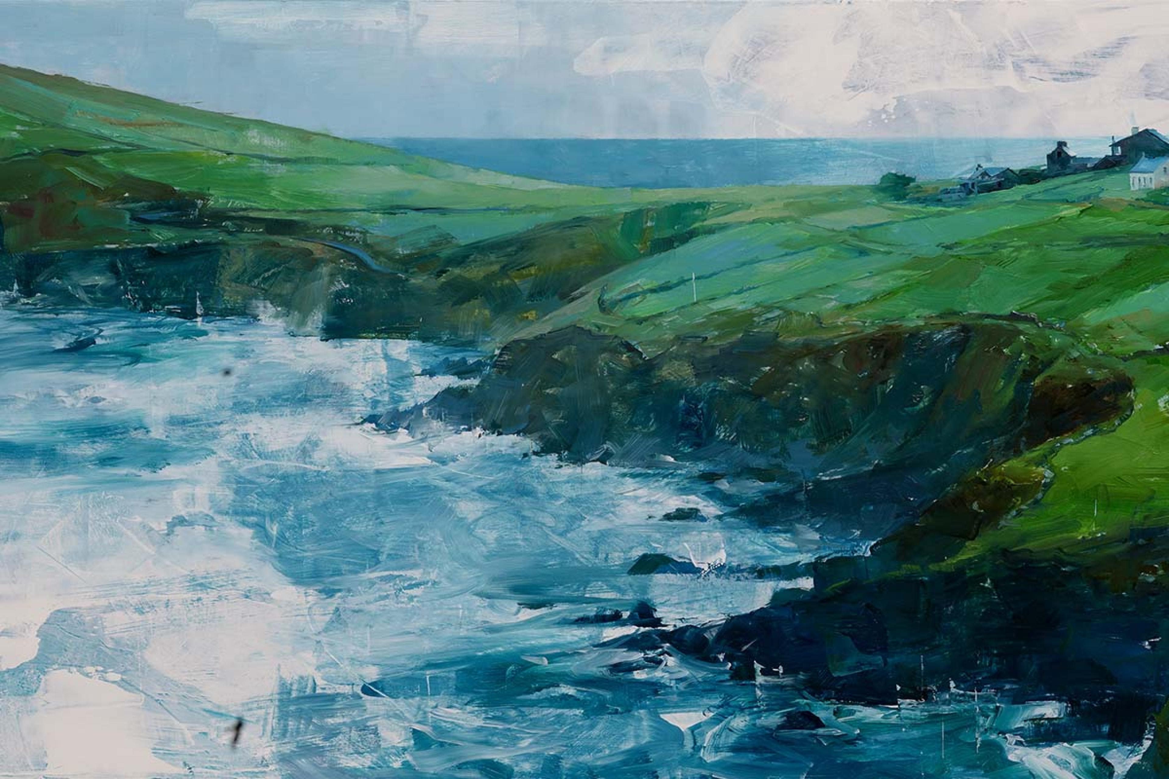painting of green coastline with waves crashing against it