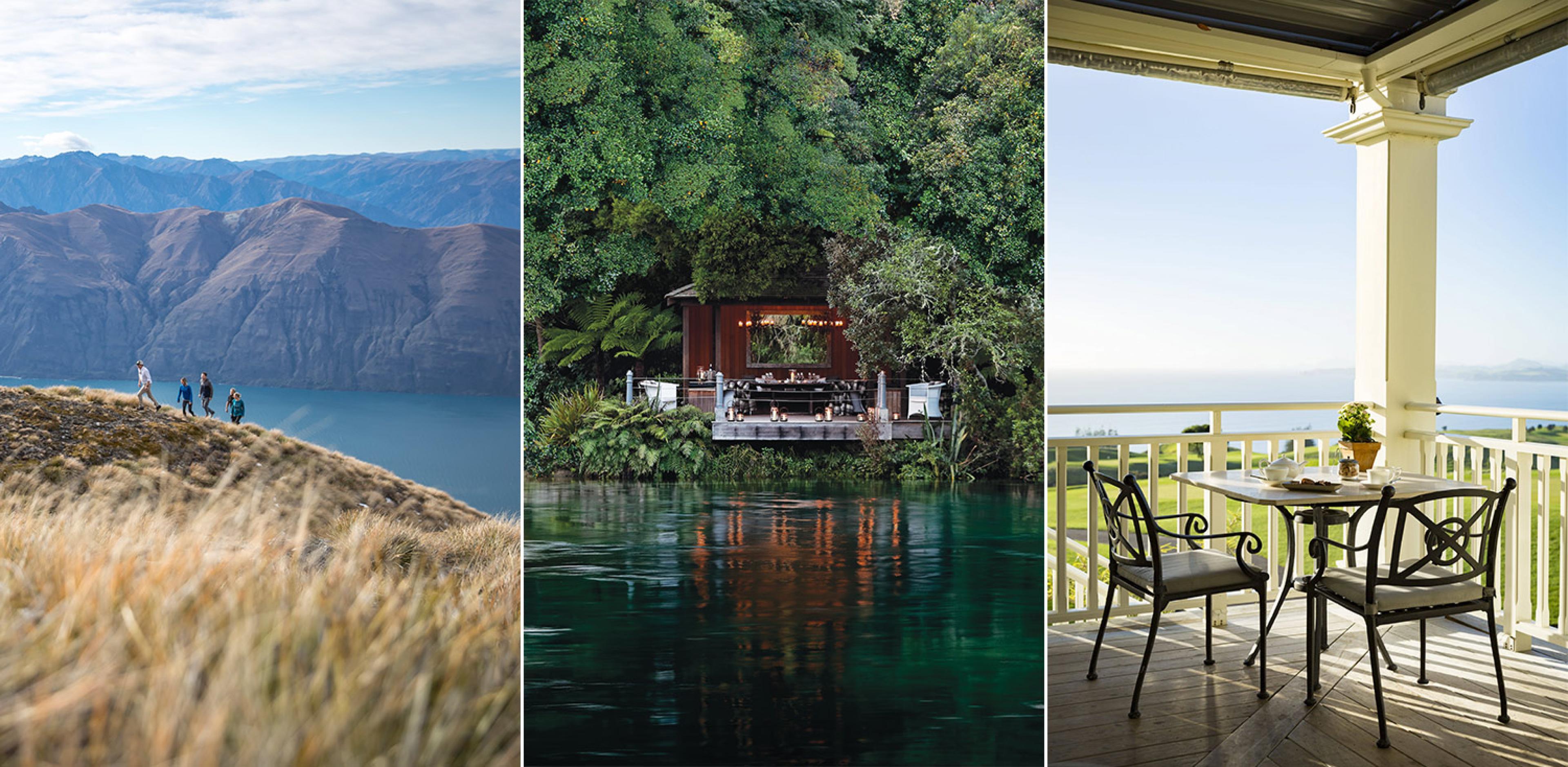 three scenes in new zealand. on left a family hiking a ridge; in the middle a view of a wooden building in the woods from across a narrow river; on the right a covered porch with a table and chairs looking over lawn to water