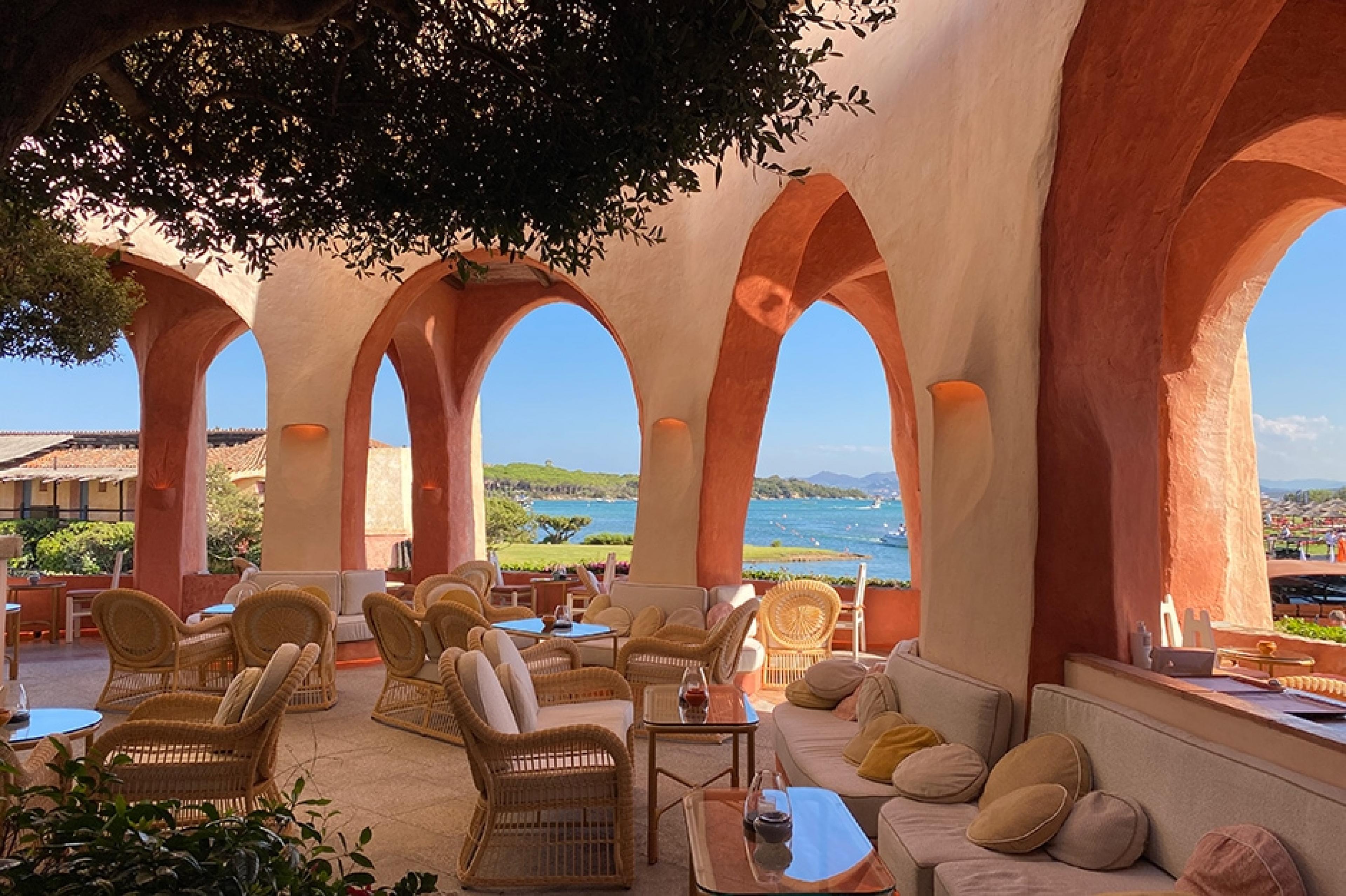 restaurant terrace with pink stucco