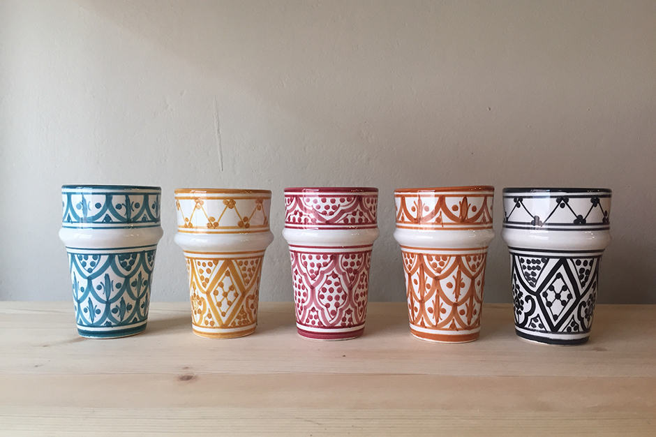 5 colorfully patterned cups at Chabi Chic in Marrakech Morocco