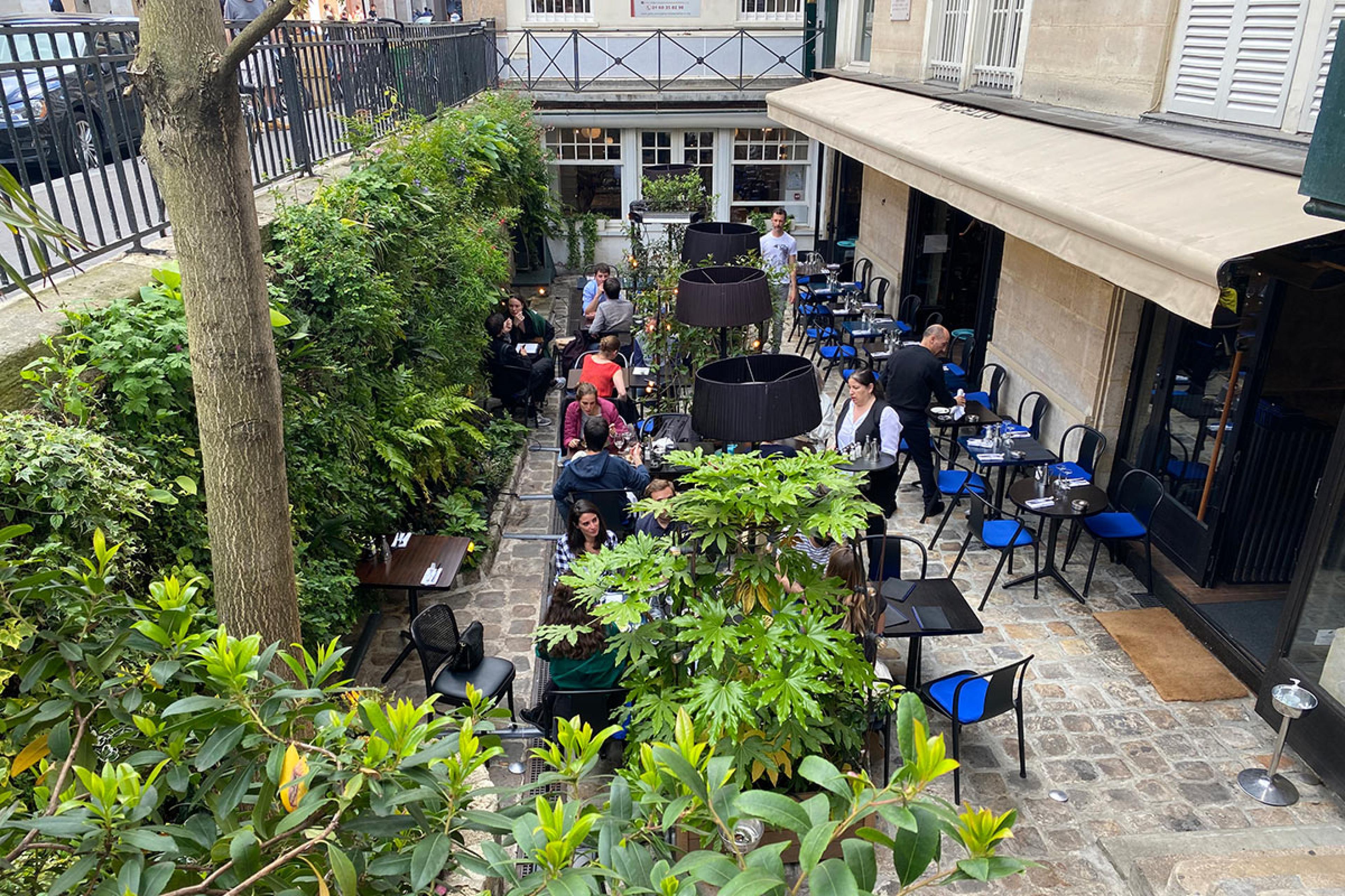 view looking down into ground-level outdoor cafe in paris