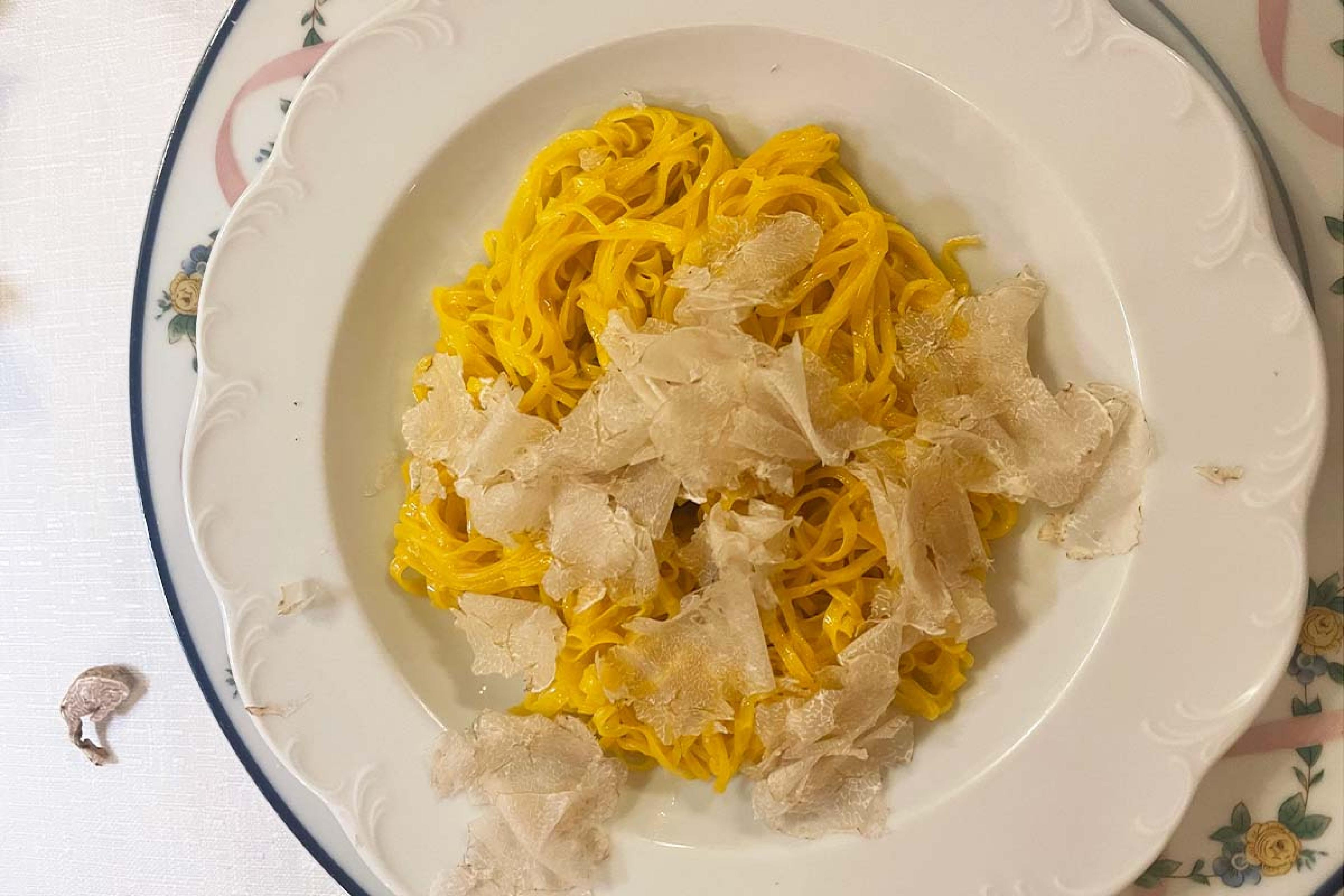 pasta with shaved truffle on a white dish