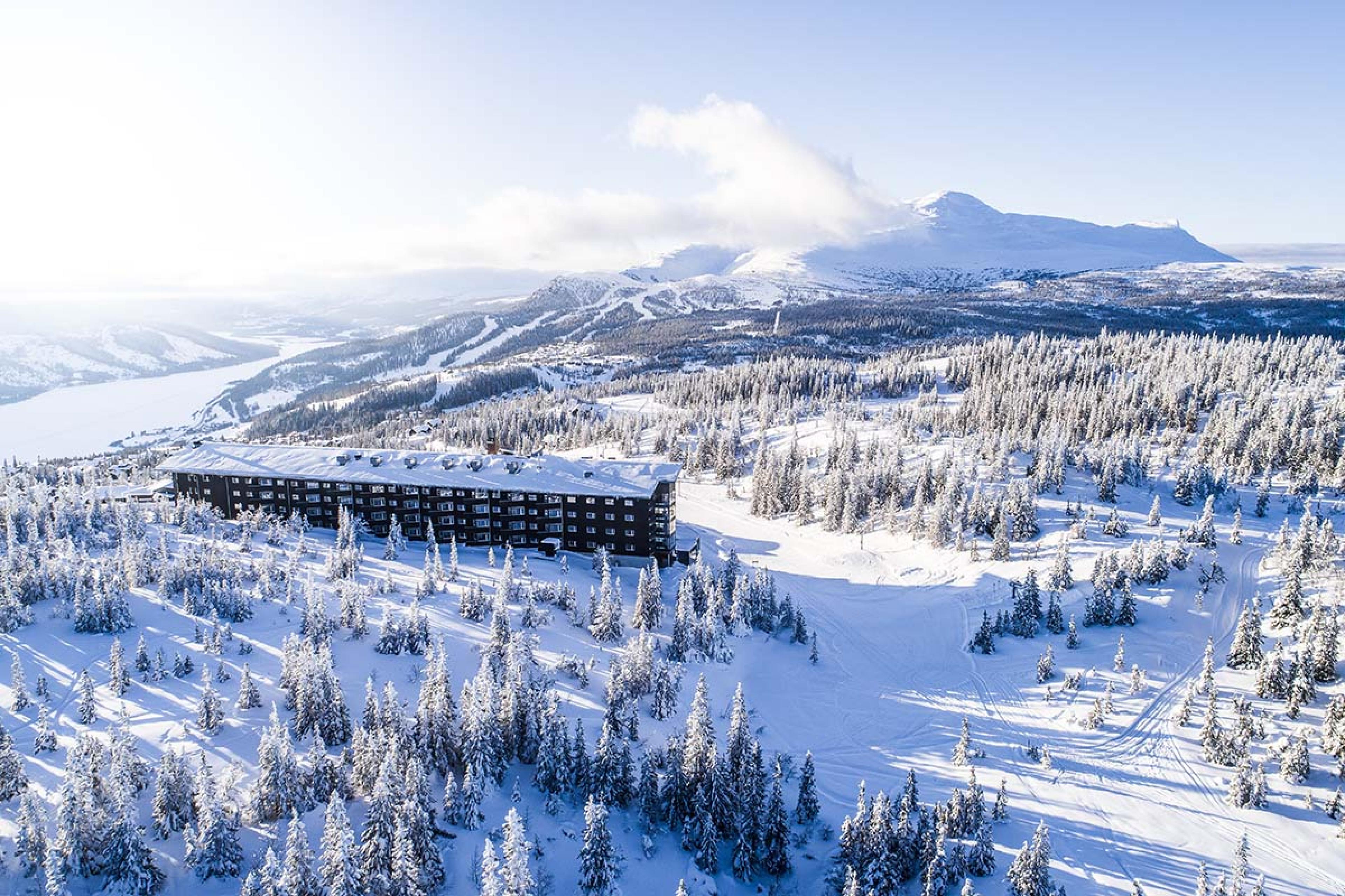 a lodge surrounded by snowy trees and mountains