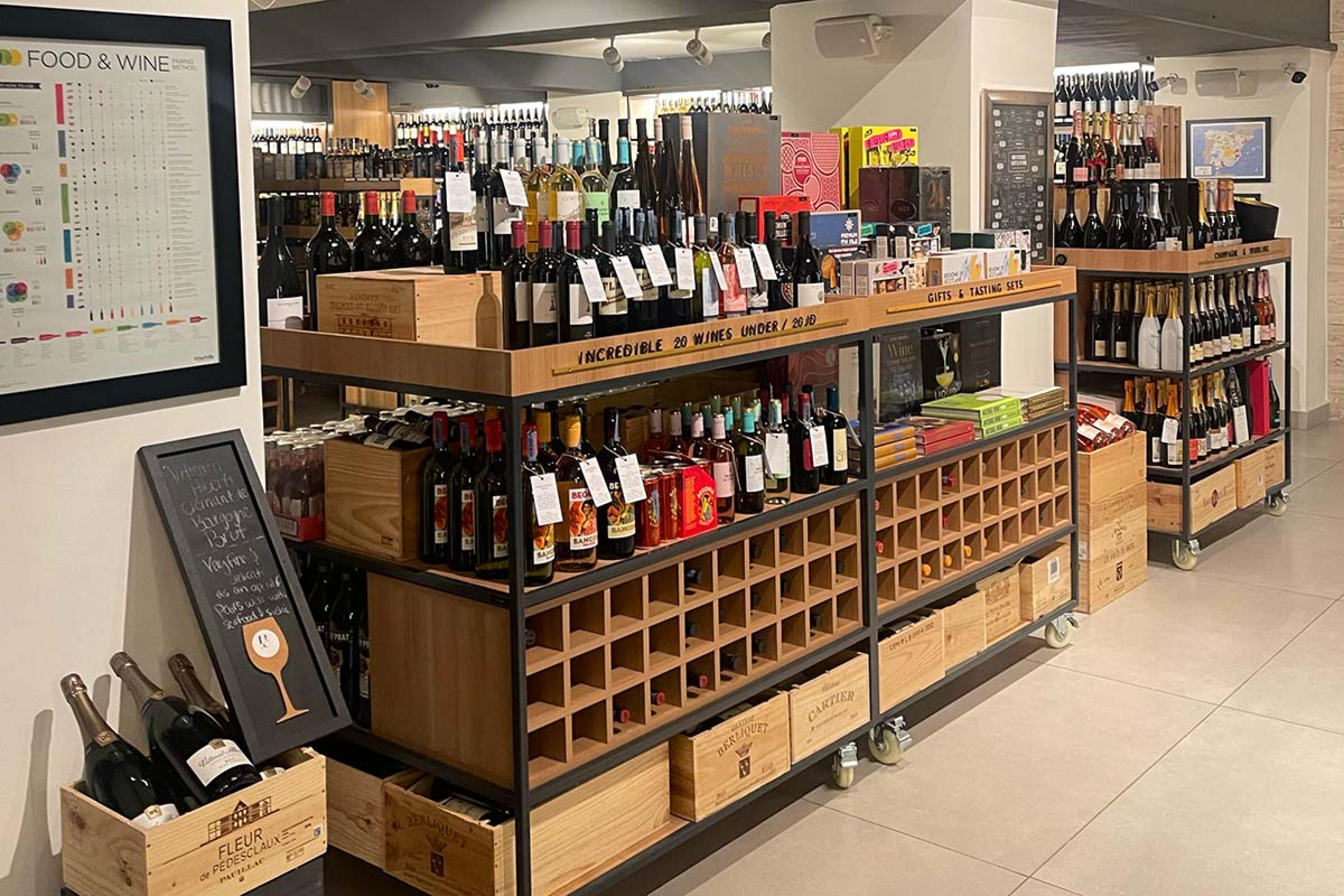 shop with a wooden wine rack