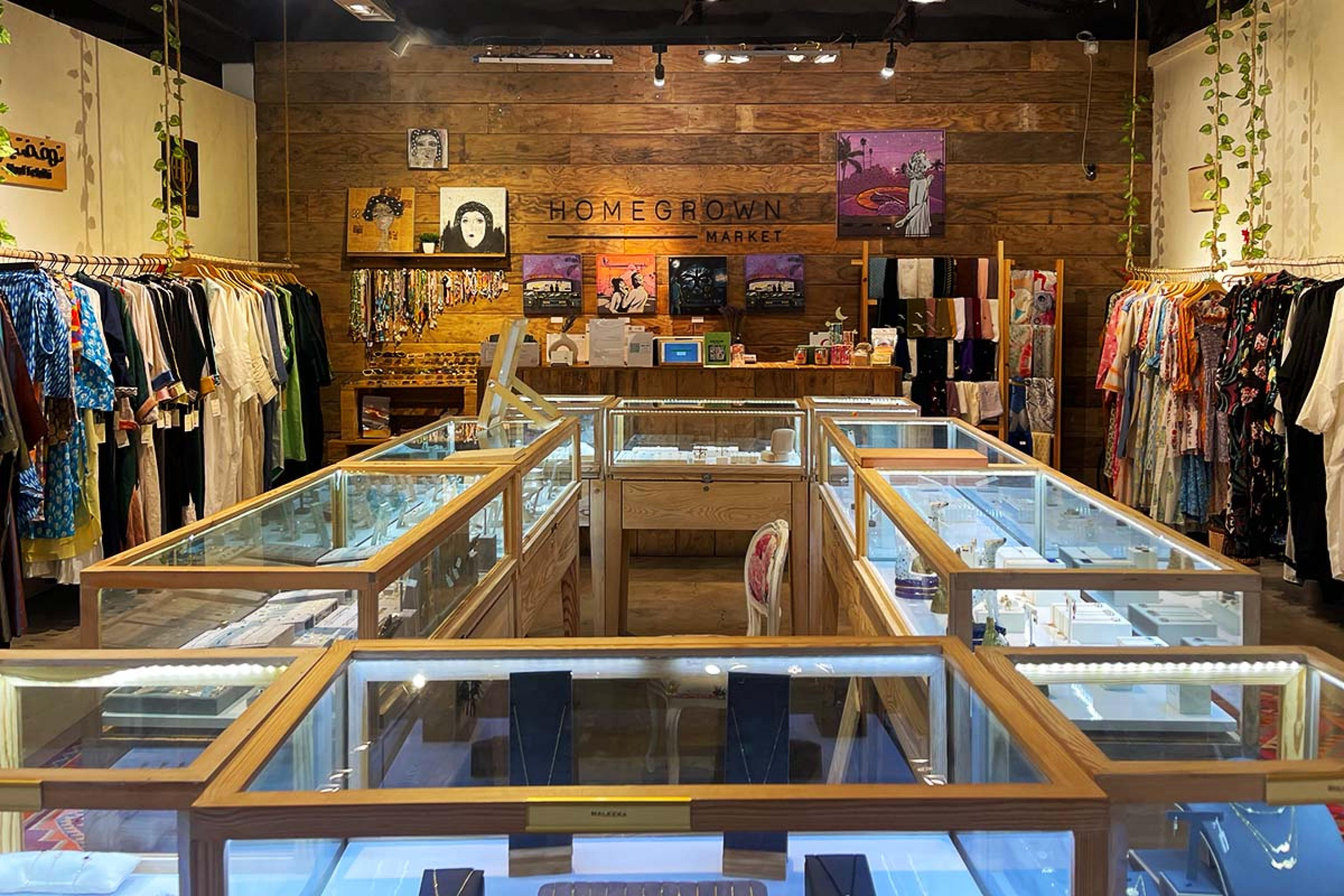 glass cases in a store with wooden walls