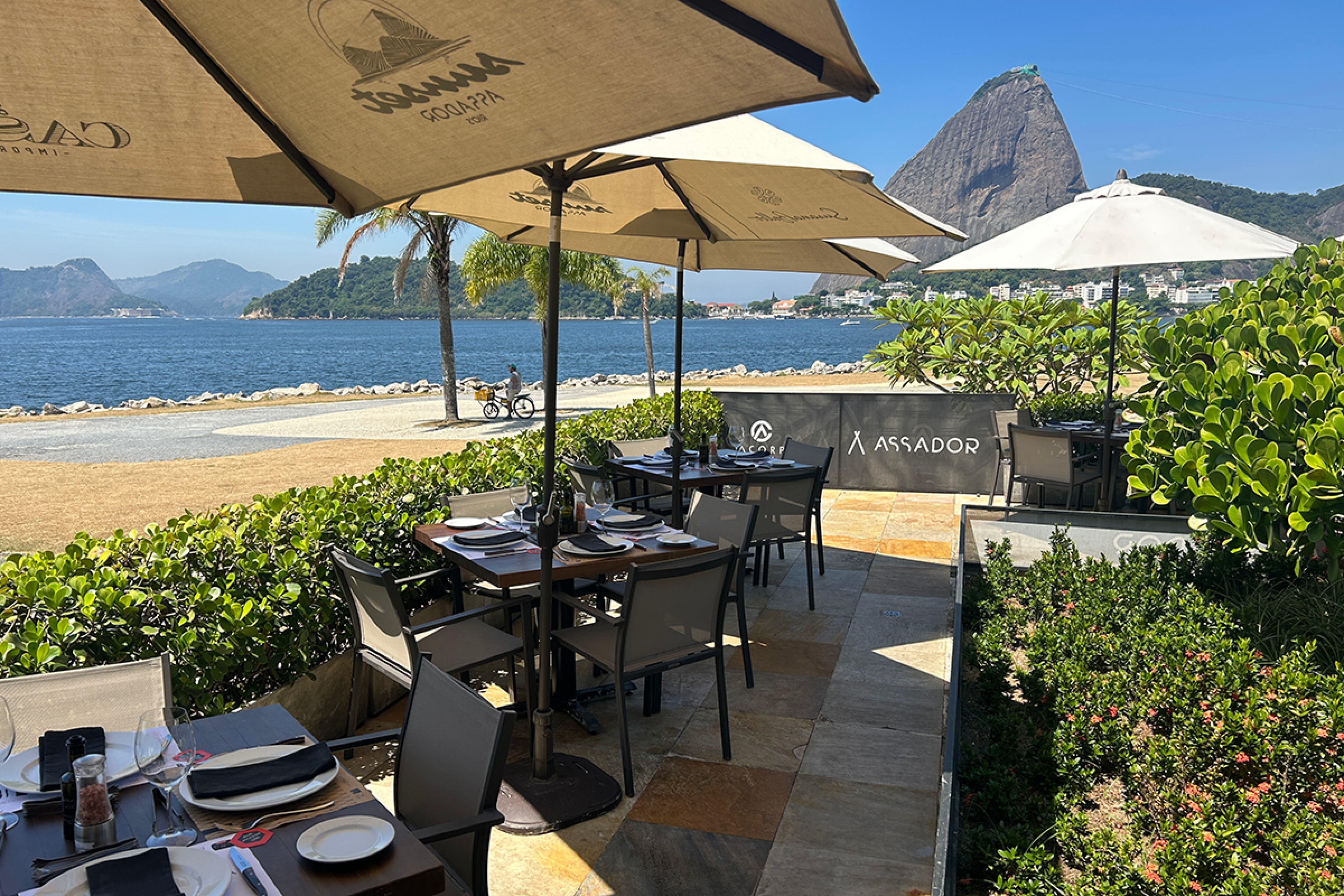 Outdoor patio overlooking the ocean at Brazilian steakhouse