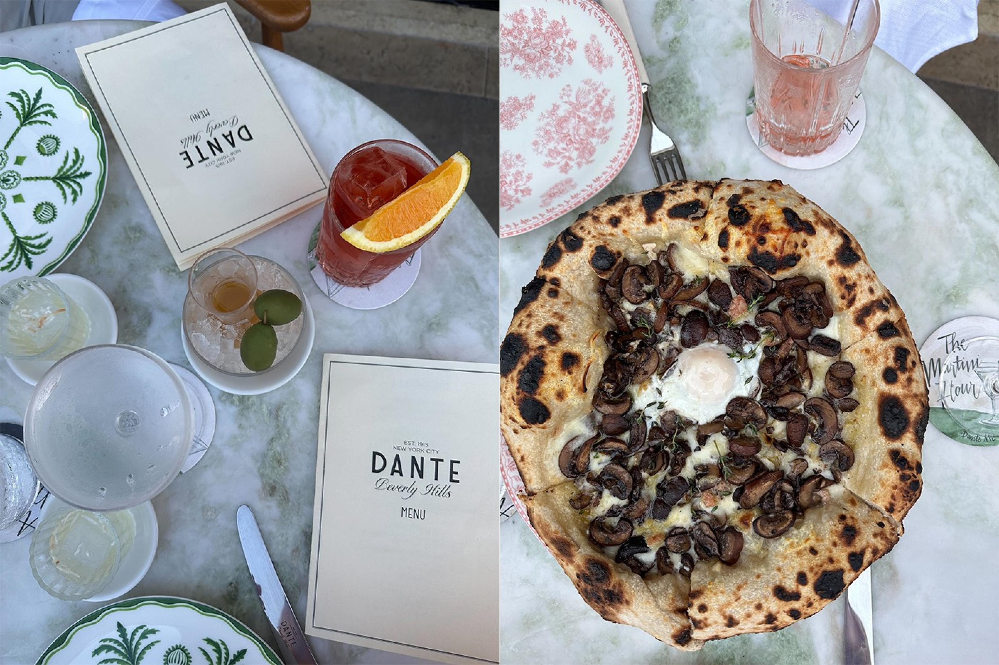 Dante menus and cocktails and a wood-fired pizza with mushrooms and egg