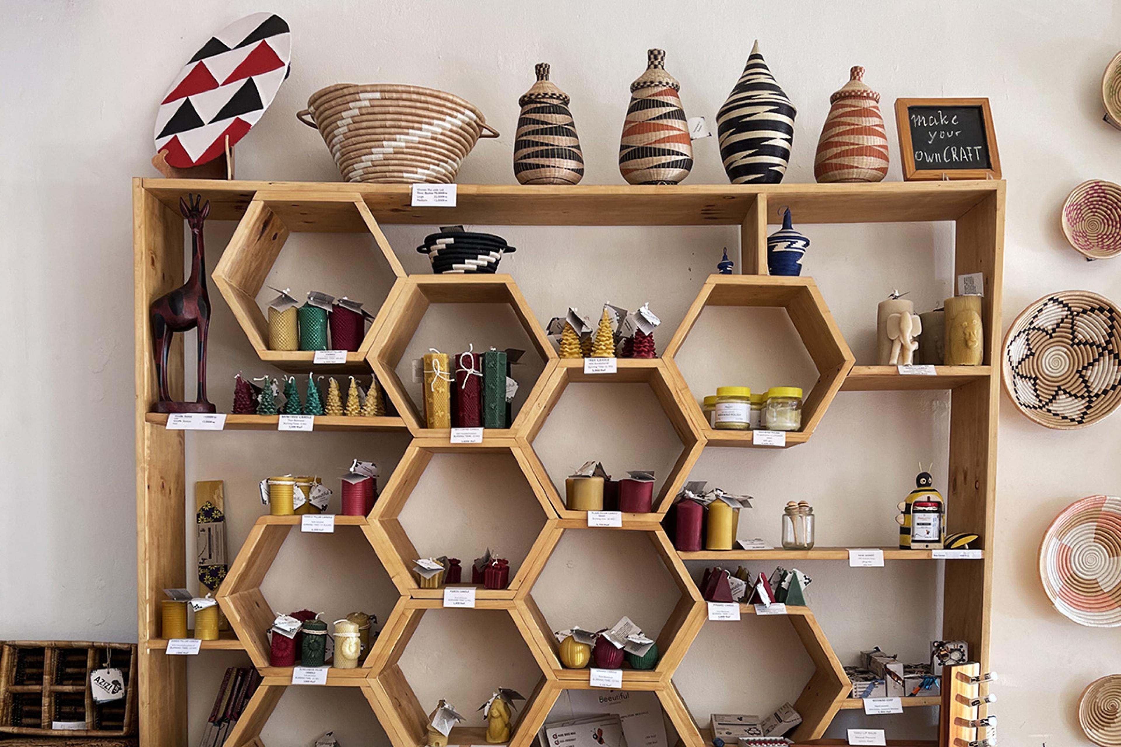 honeycomb shelves with craved candles
