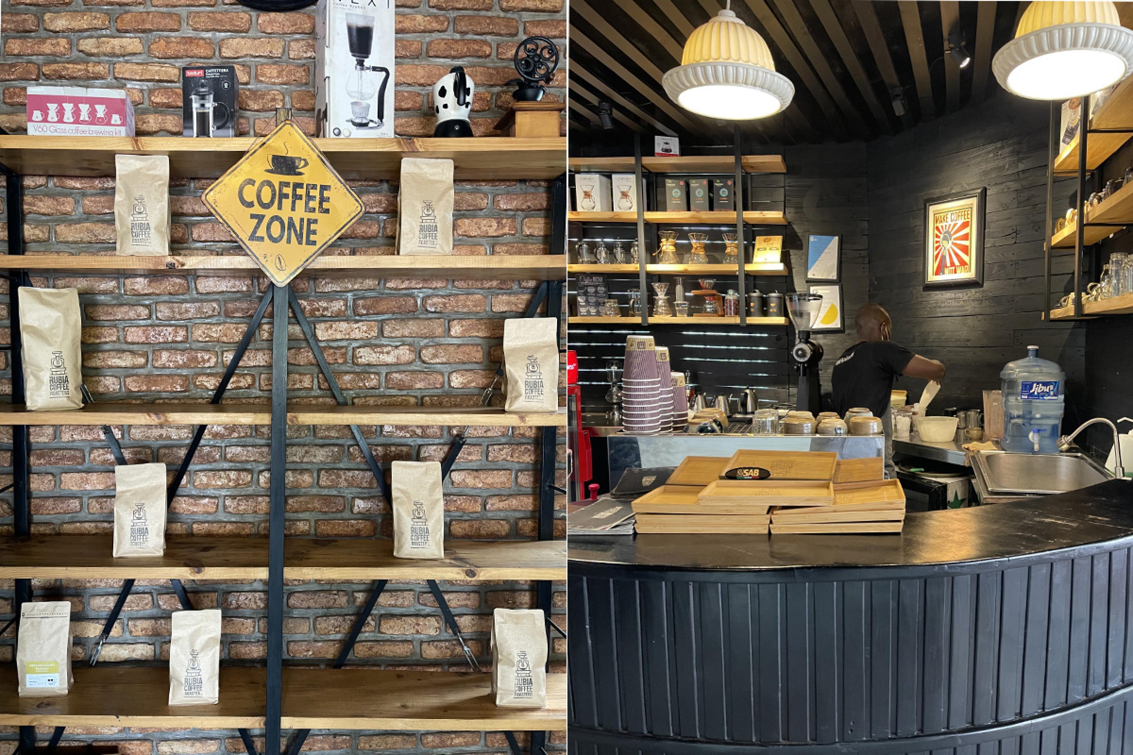 wooden shelves with coffee and a coffee counter