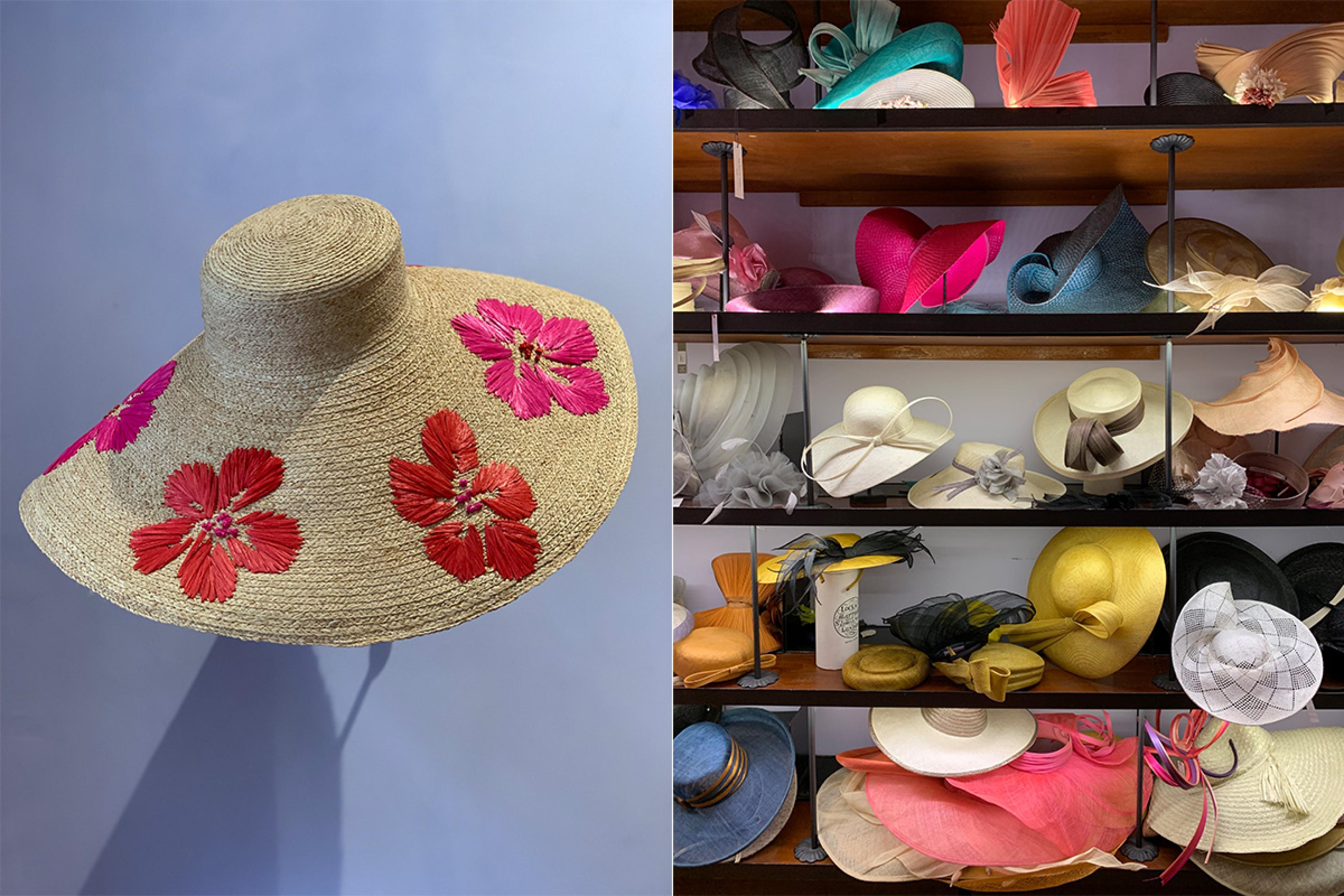 on left, a hat with flower details; on right, display shelves showing fashionable italian hats