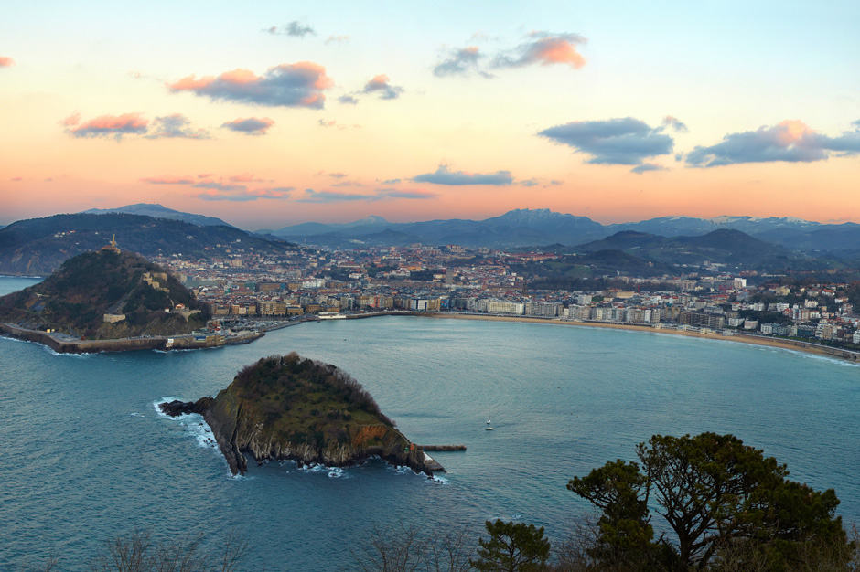 Aerial view of La Concha Bay at sunset as seen from Mount Igeldo, Spain