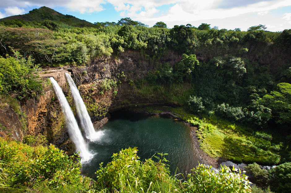 Double waterfall in Kauai Hawaii