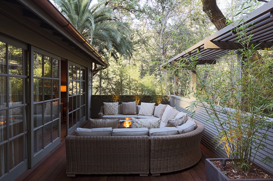 Couch and firepit on patio at Meadowood in Napa Valley California