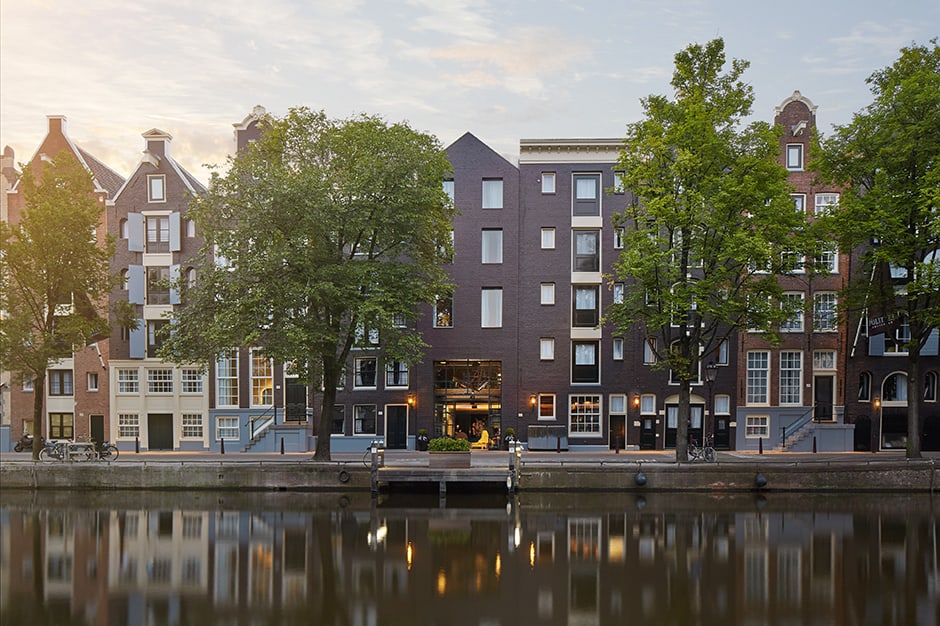 A canal view of Hotel Pulitzer in Amsterdam