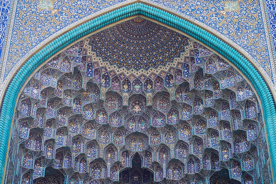 Blue tiled wall in Shah Mosque in Tehran Iran