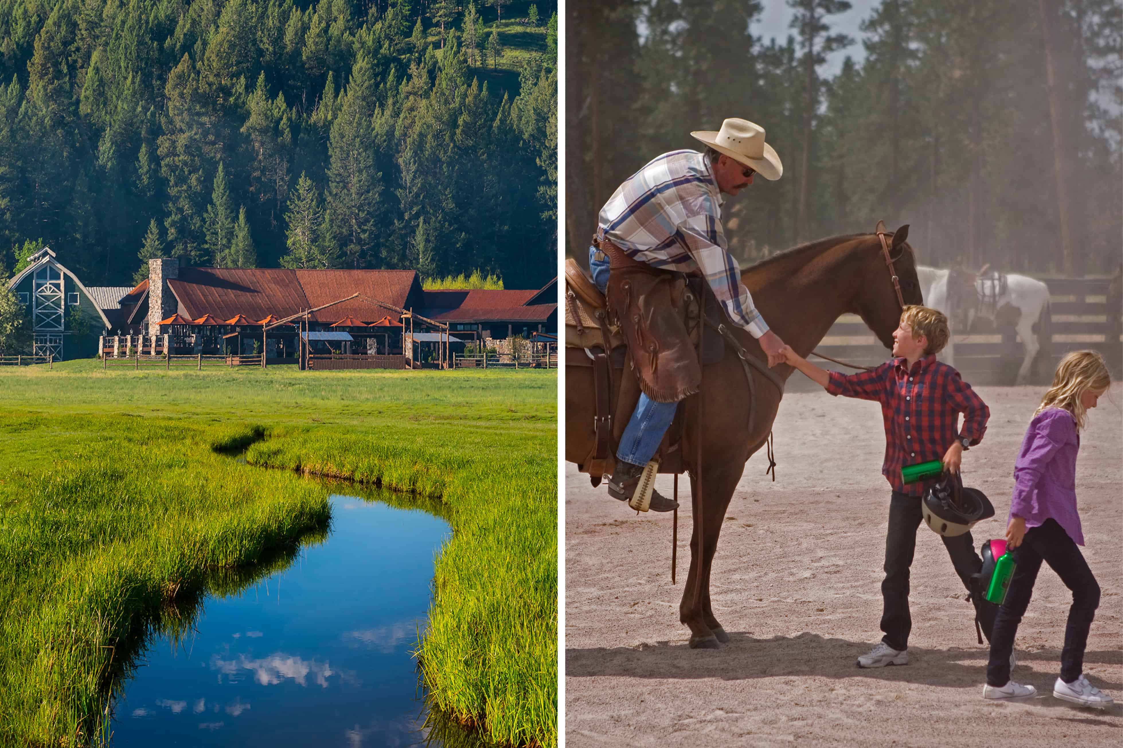 Paws Up resort exterior and horseback rider with children in Montana