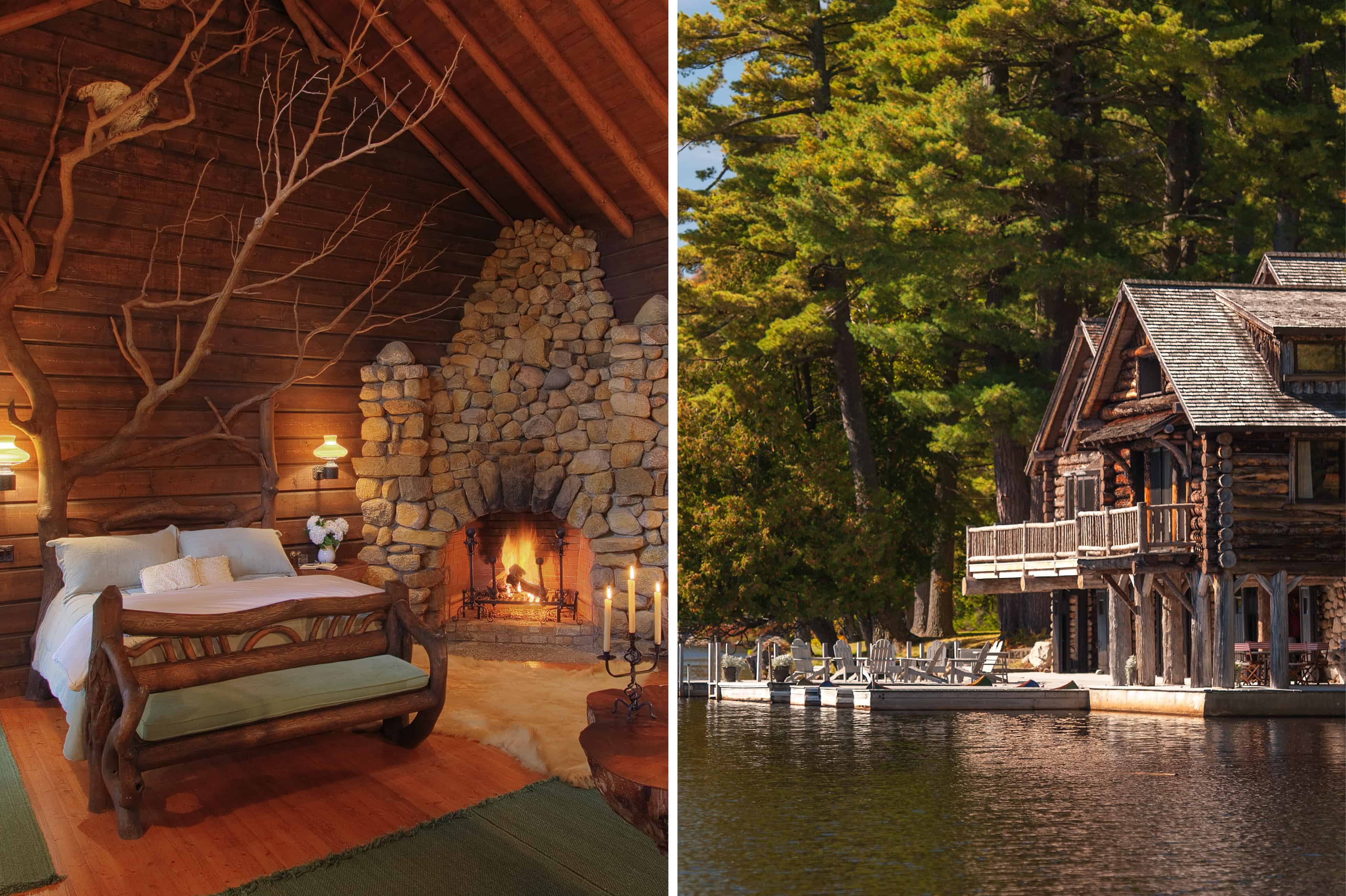Lake Kora resort bedroom and lakefront in the Adirondacks New York