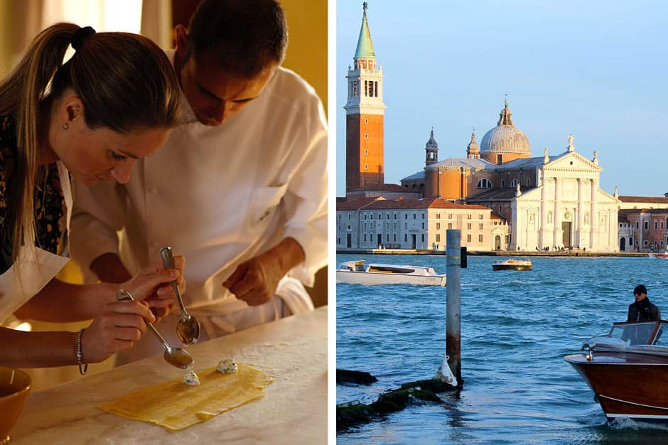 Woman and male chef making ravioli; Venice canal