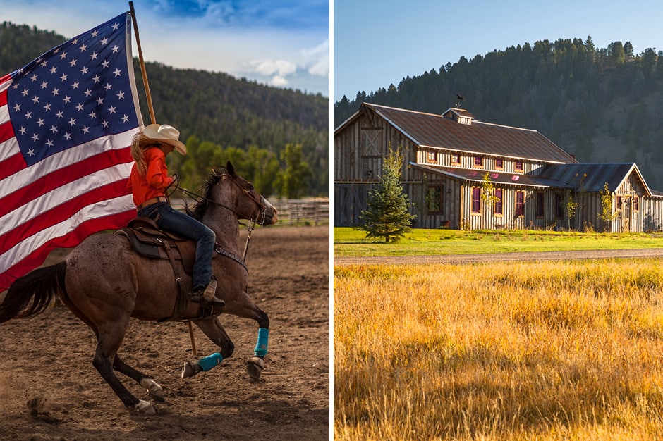 Rodeo horseback rider carrying American flag and exterior of Ranch at Rock Creek in Montana