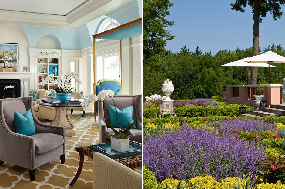 Living room and lavender garden at glenmere mansion new york