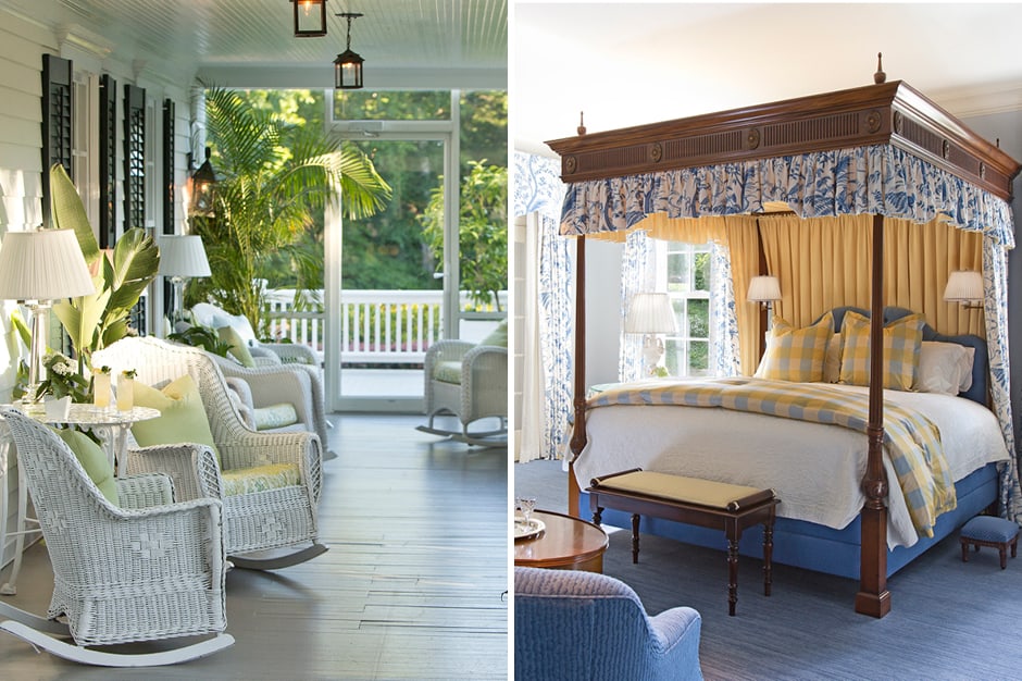 Porch with white wicker furniture and bedroom with canopied bed at Mayflower Grace, Connecticut