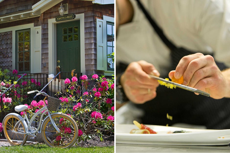 Bike by front door and chef grating onto plate at Grace White Barn Inn, Maine