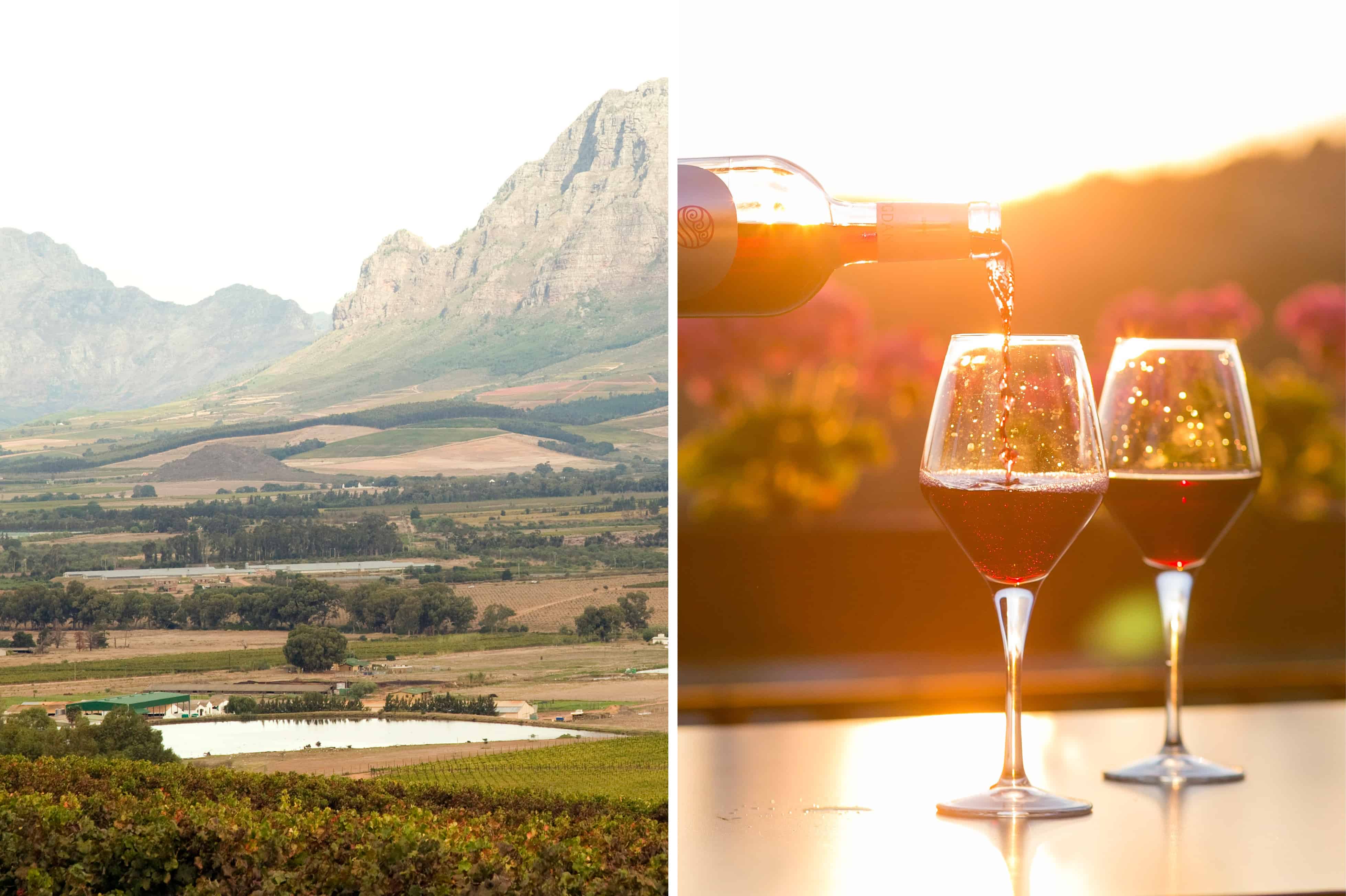 Lake in a valley and red wine being poured into glasses near Cape Town South Africa