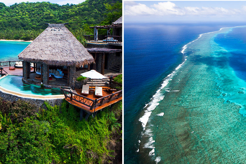 Thatched villa and ocean at Laucala Island Resort in Fiji