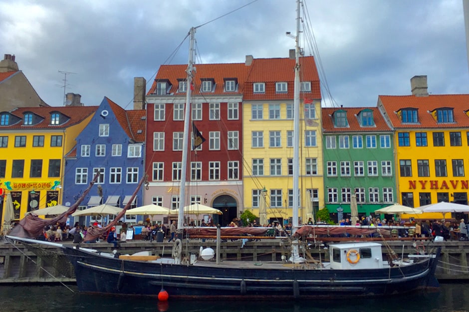 Copenhagen's colorful canal houses and sailboat