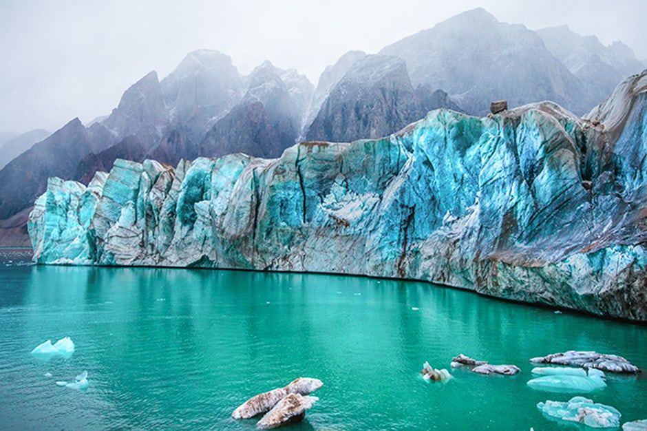 Glaciers in green water by Roger Fishman