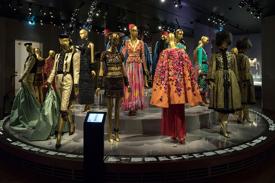 Display of clothes on mannequins at Musée Yves Saint Laurent in Paris