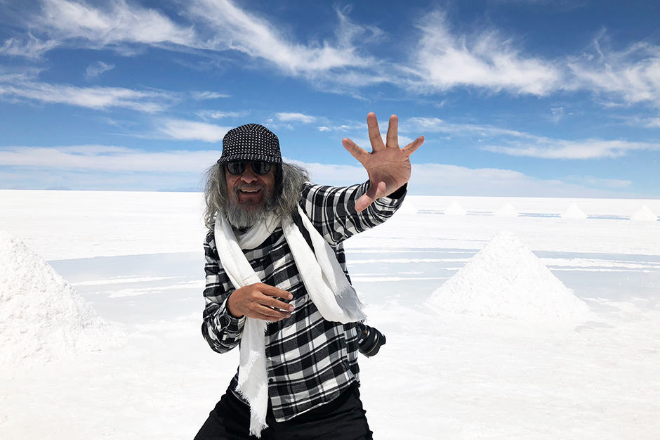 Gaston Ugalde poses for a photo while exploring the salt flats