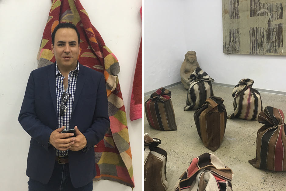 Left: Gallery owner Mariano Ugalde; Right: An exhibit at his gallery, entitled Potato Sacks by artist Gaston Ugalde