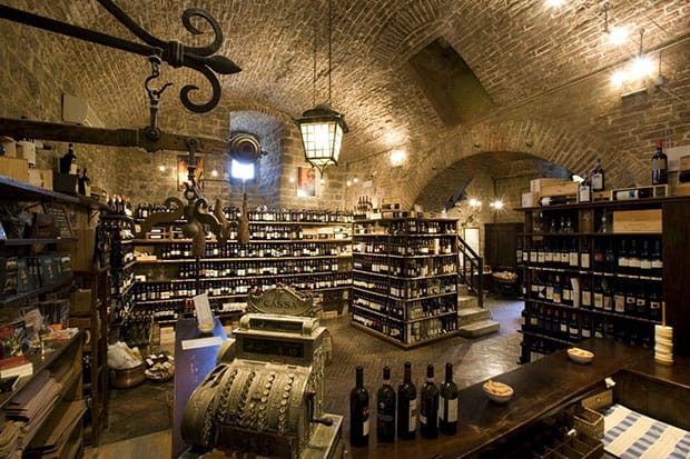 Interior of Enoteca La Fortezza wine store in Montalcino Italy