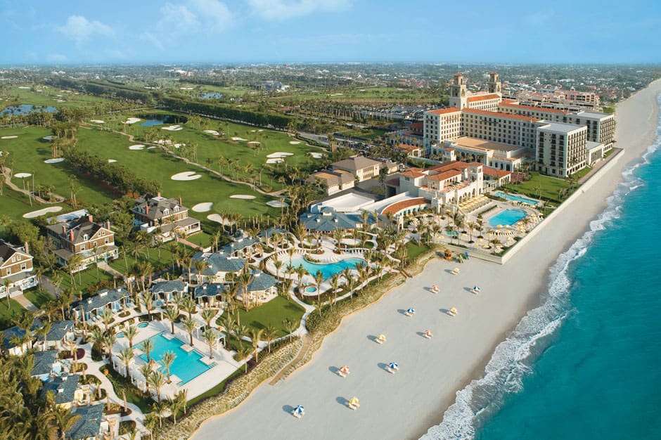 An aerial view of the beach and pools at The Breakers in Florida
