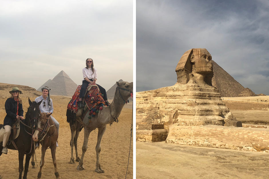 Melissa Biggs Bradley and husband and daughter on camels in front of pyramids in Giza Egypt; the Sphinx in Egypt