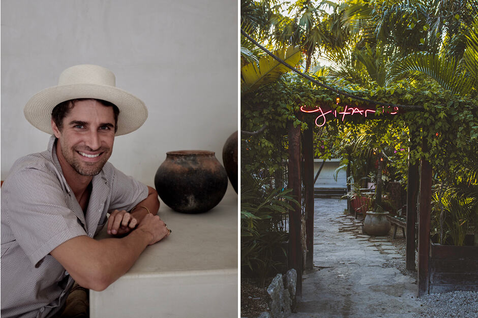 Derek Klein in his new boutique hotel in Tulum town—the first of many to come for the Casa Pueblo brand (photo by Sam Turrell); the entrance to infamous lounge-club Gitano, which Klein founded but has since sold his stake in (photo courtesy of Gitano).