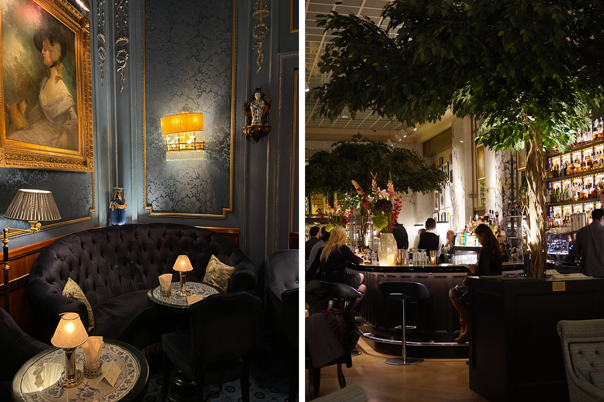 The Blaue Bar at the Hotel Sacher (left) and the Bank Bar at the Park Hyatt (right). Photos by Elizabeth Harvey