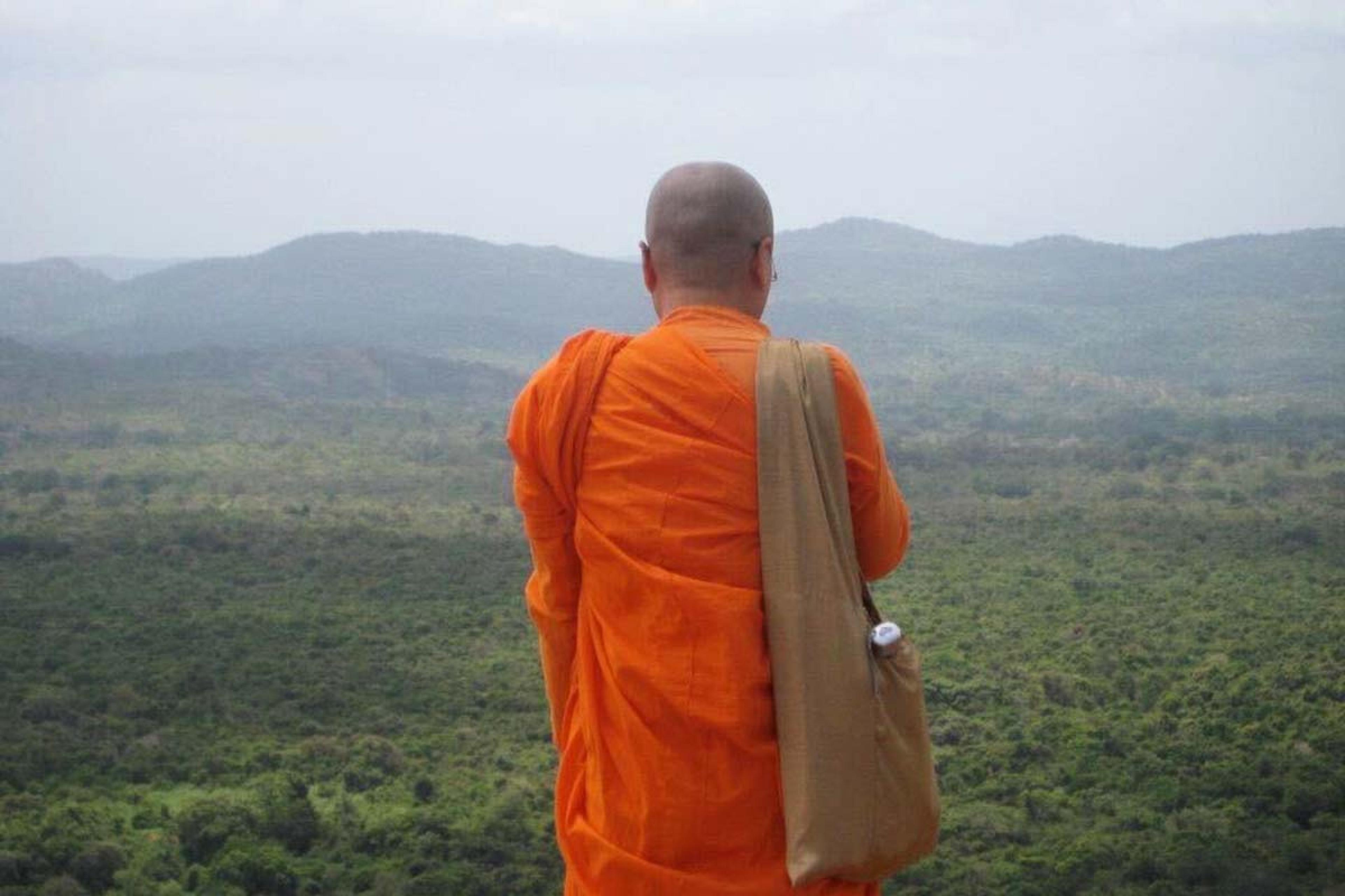 monk in an orange robe looking out over a misty green landscape