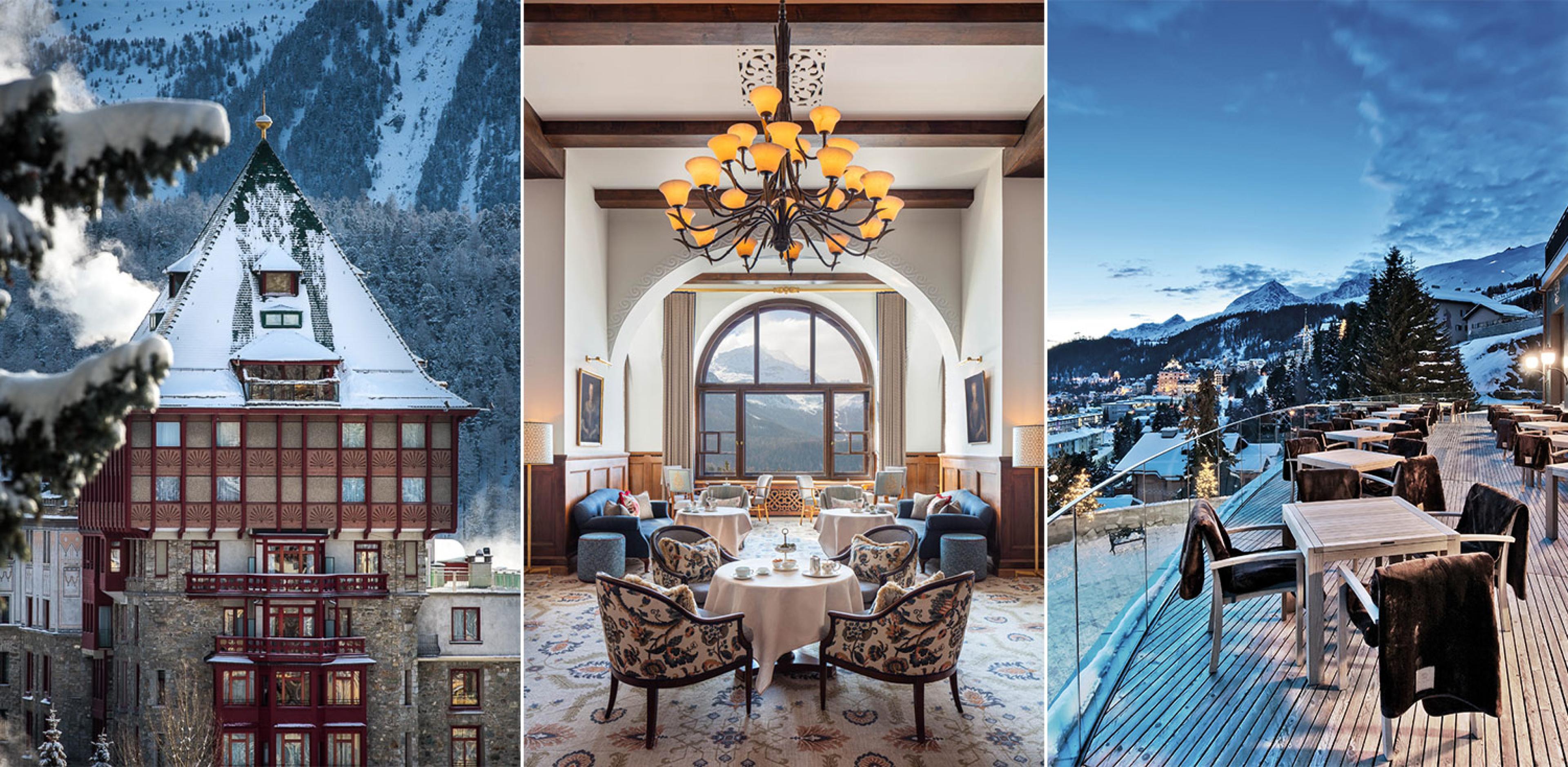 three photos. on left a large wooden hotel tower with slanted roof; in middle a sitting area facing a big window with chandelier above and mountains in distance; on right an outdoor terrace with view of mountains and lake at dusk