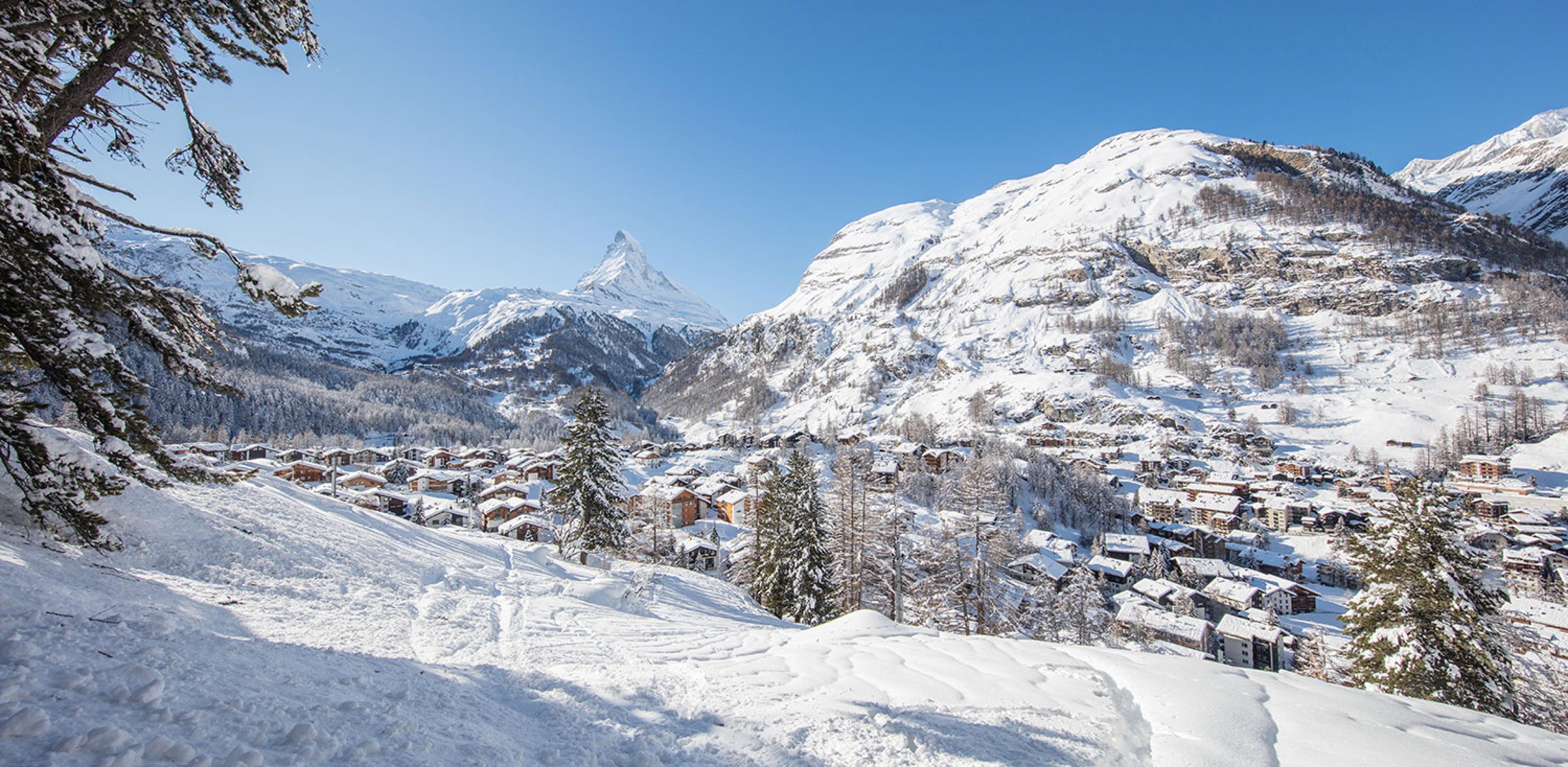 view of zermatt and matterhorn mountain in daytime in winter