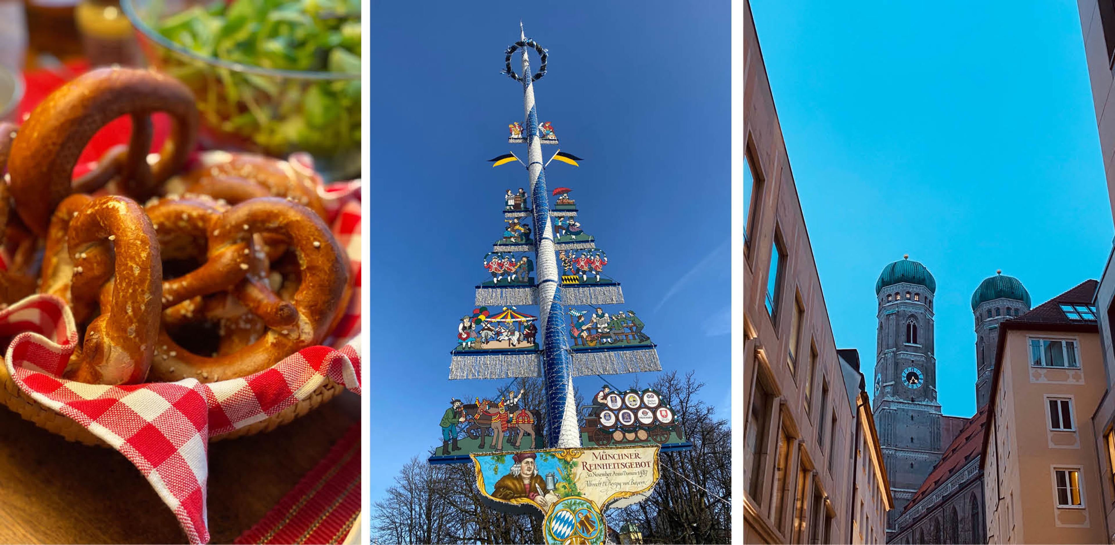 pretzels in a basket, a post decorated for Christmas and a view of a clock tower