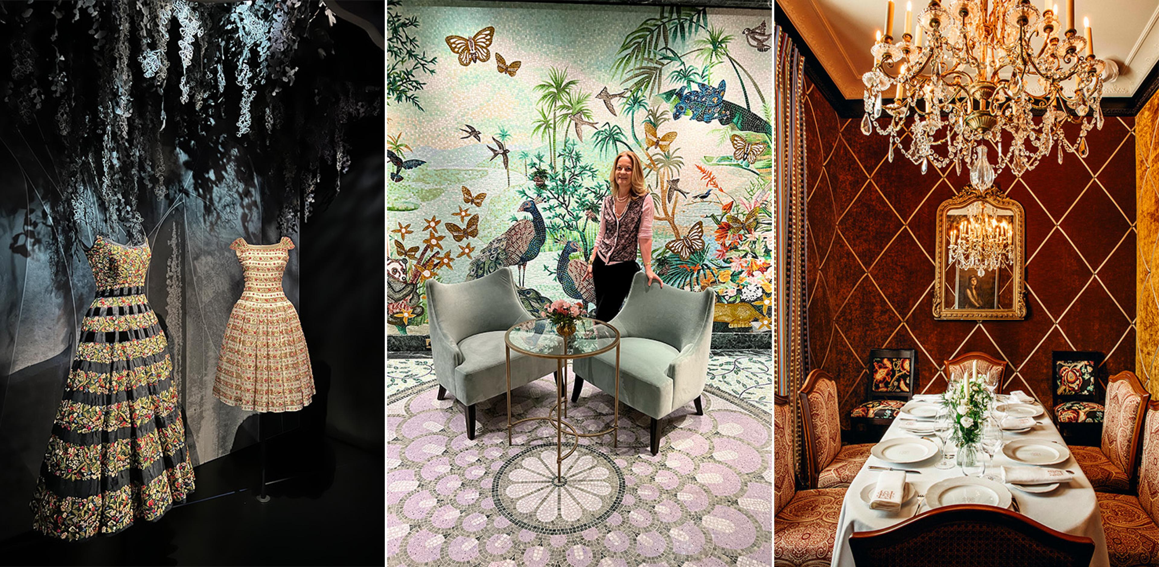 dresses on mannequins, a woman in a lounge with a bird mural behind her and a private dining room with a crystal chandelier