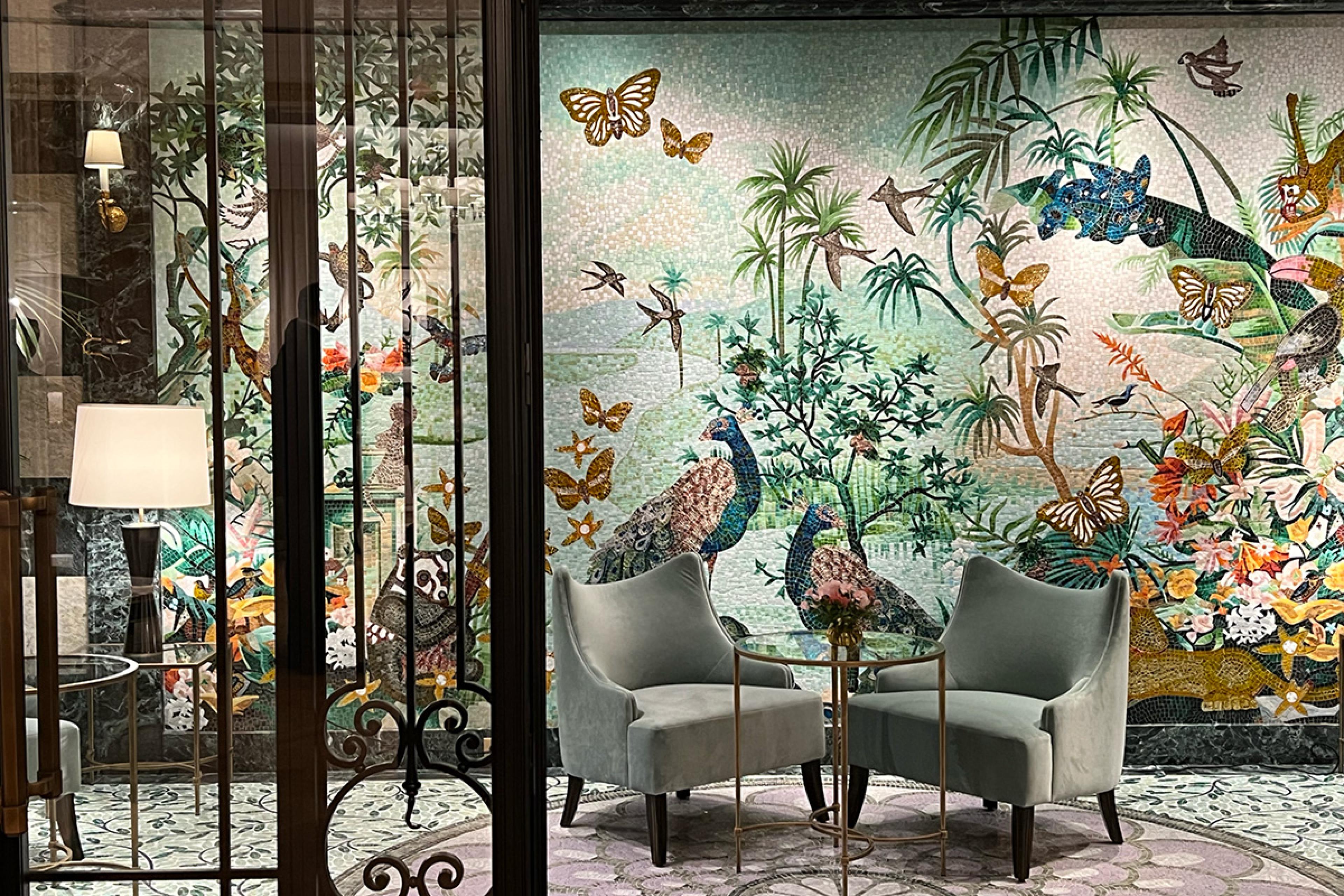 lounge with a tropical mural
