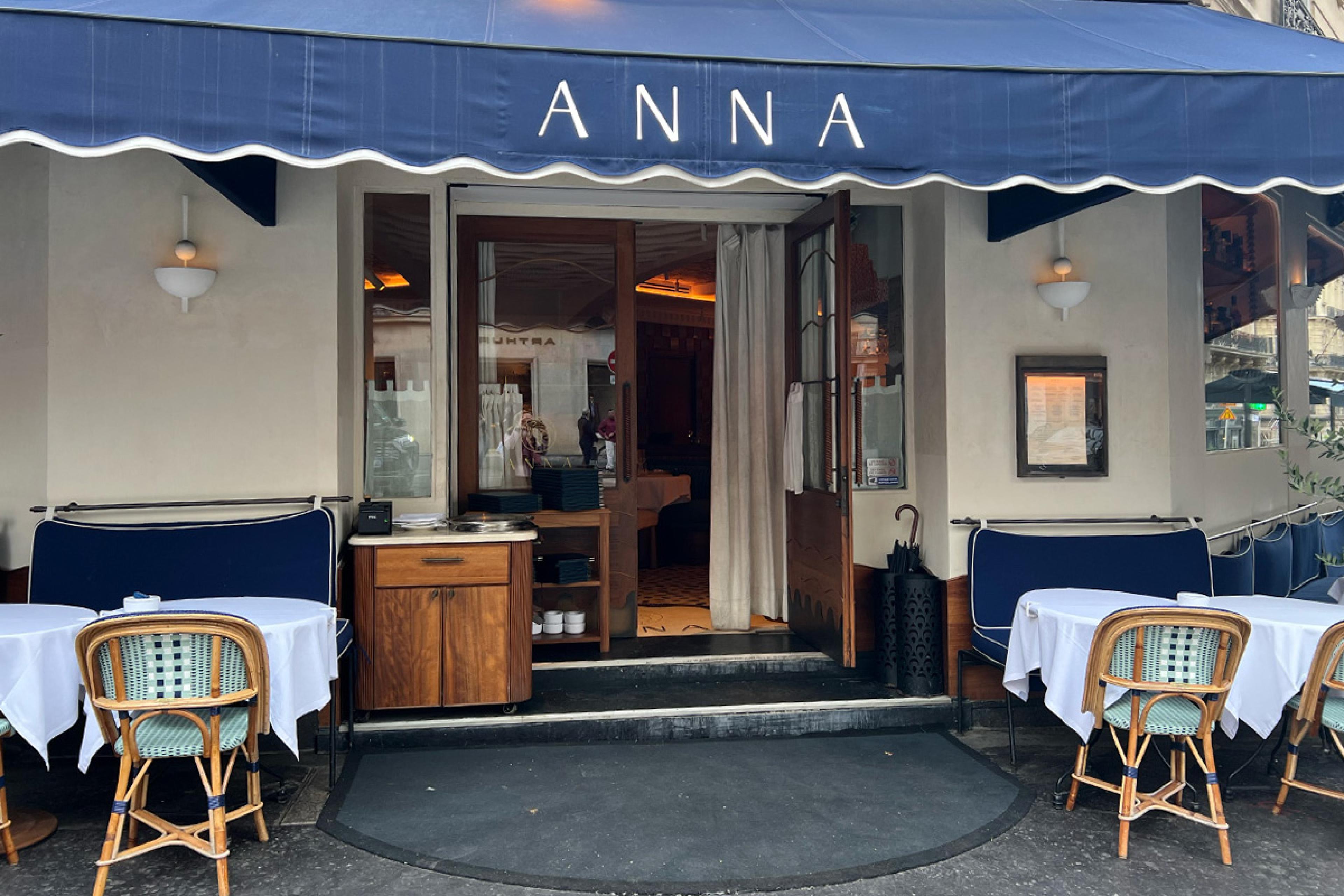 blue awning with white lettering