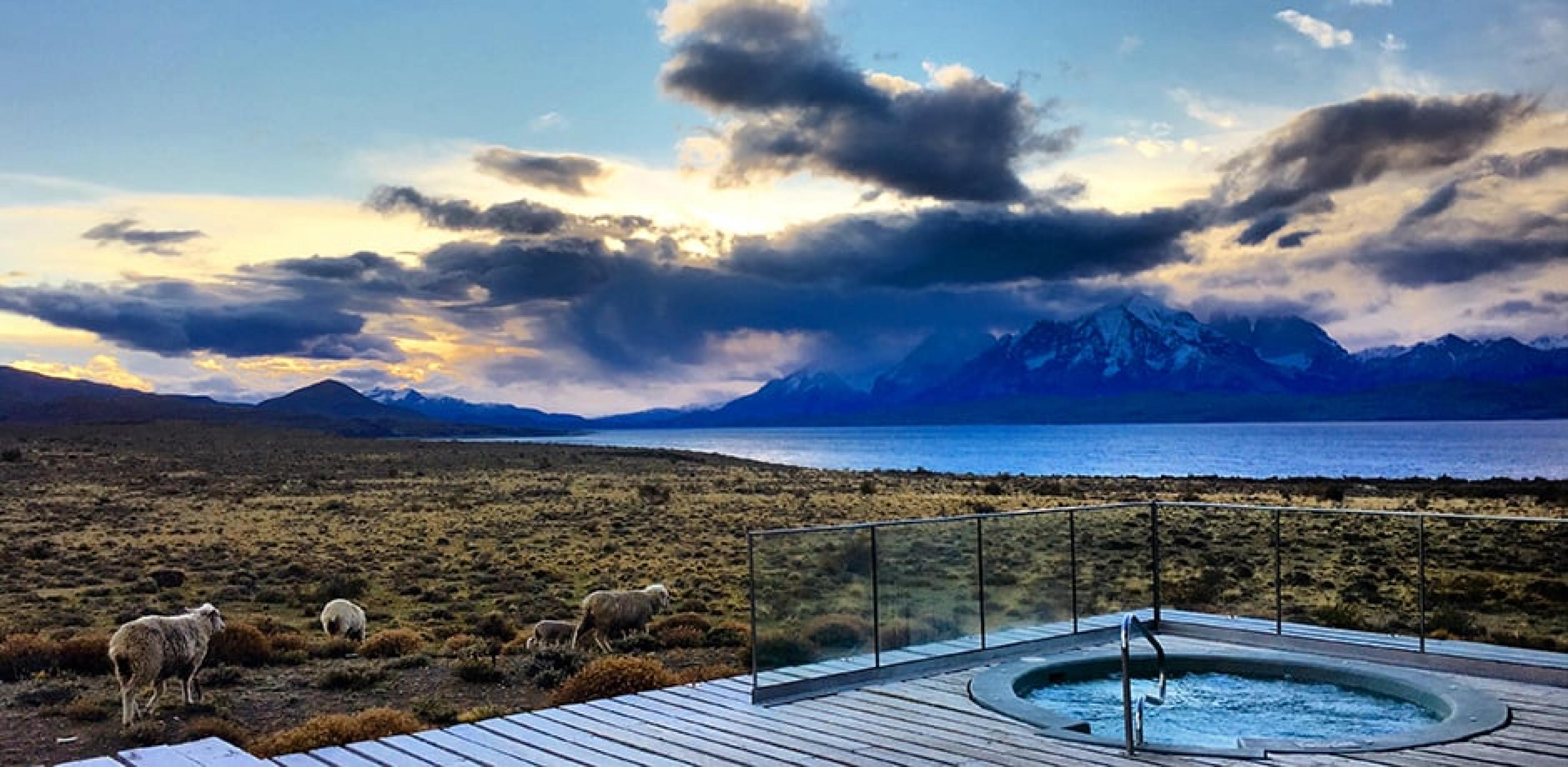 Sheep grazing next to Tierra Patagonia's outdoor hot tub,Chilean Patagonia