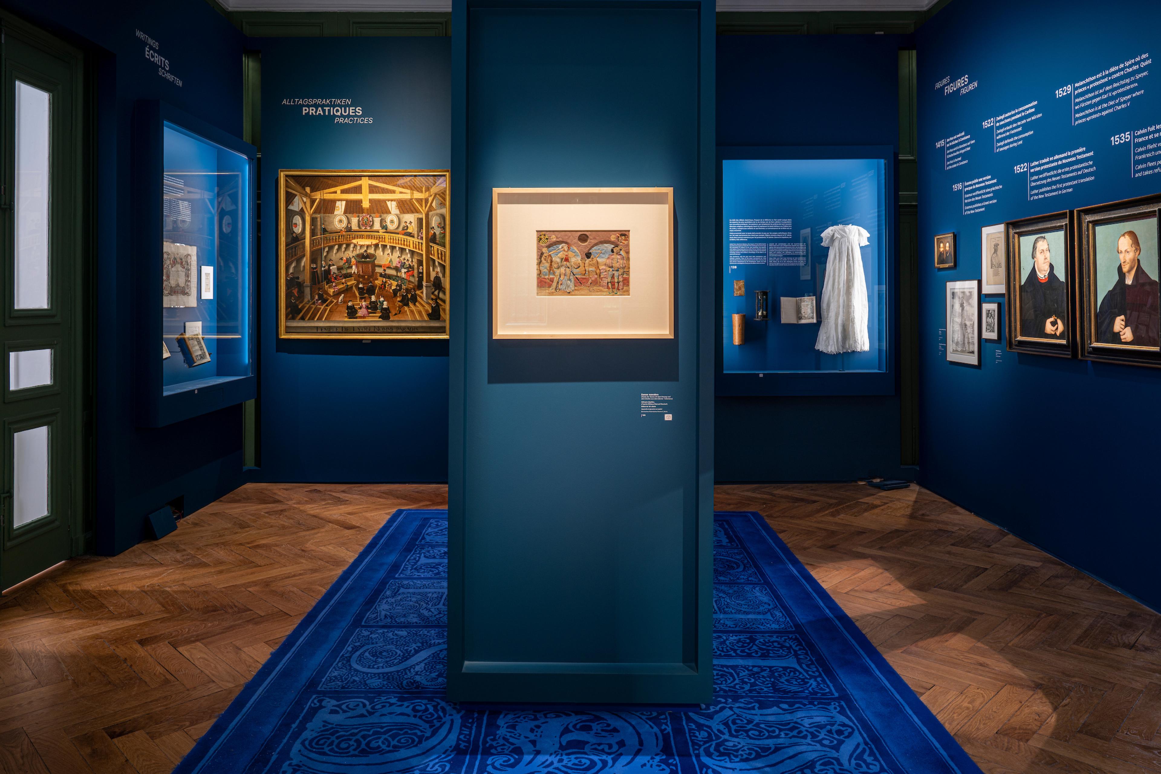 museum show room with sapphire walls and carpets